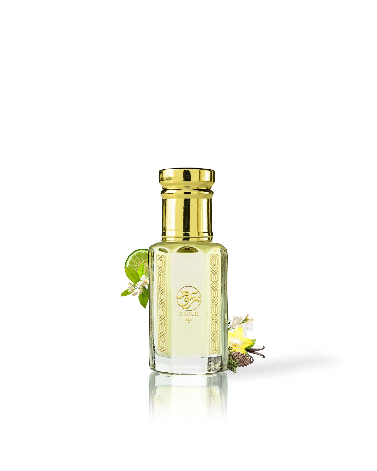 oktavia perfume oil bottle surrounded with fragrance ntes like jasmine and vanilla shows from behind the bottle against white background