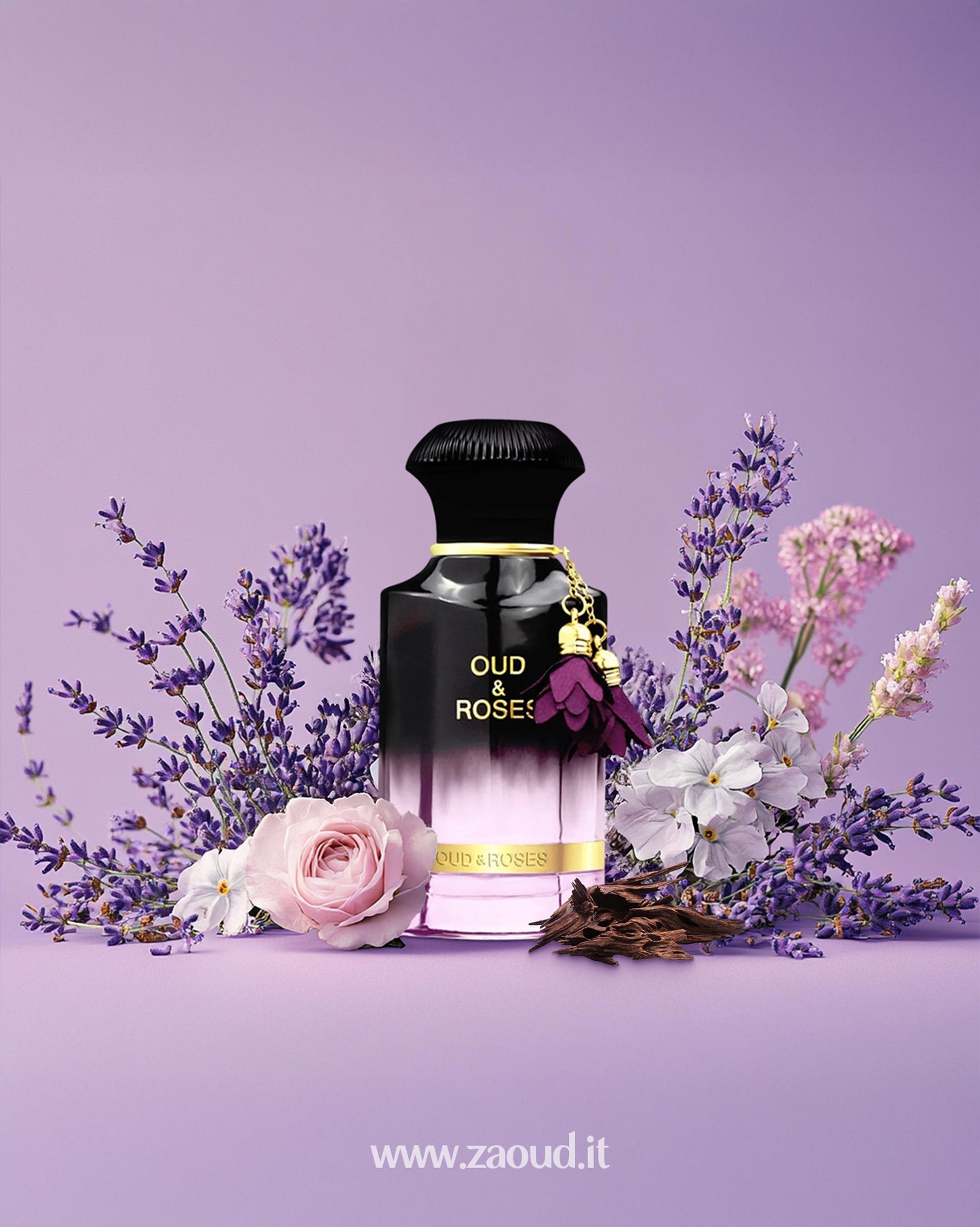 oud and roses perfume bottle photograph beside rose and oud with lavender flowers behind