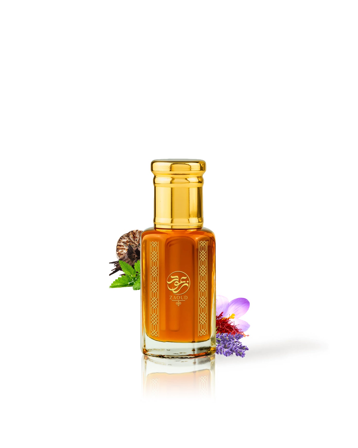 oud kalon perfume oil bottle surrounded with fragrance notes like saffron and nutmeg shows from behind the bottle against white background