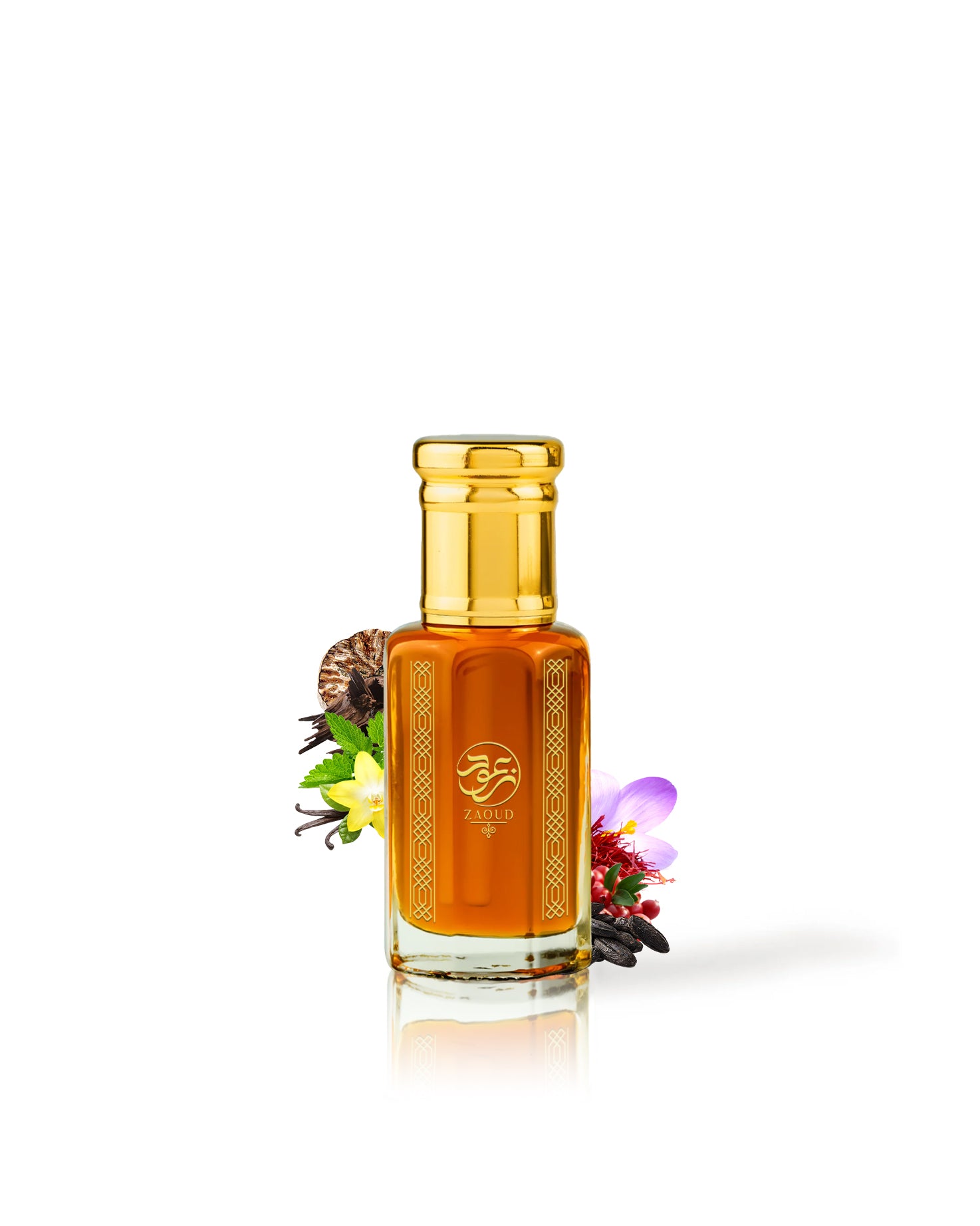 oud magma perfume oil bottle surrounded with fragrance notes like saffron and nutmeg shows from behind the bottle against white background