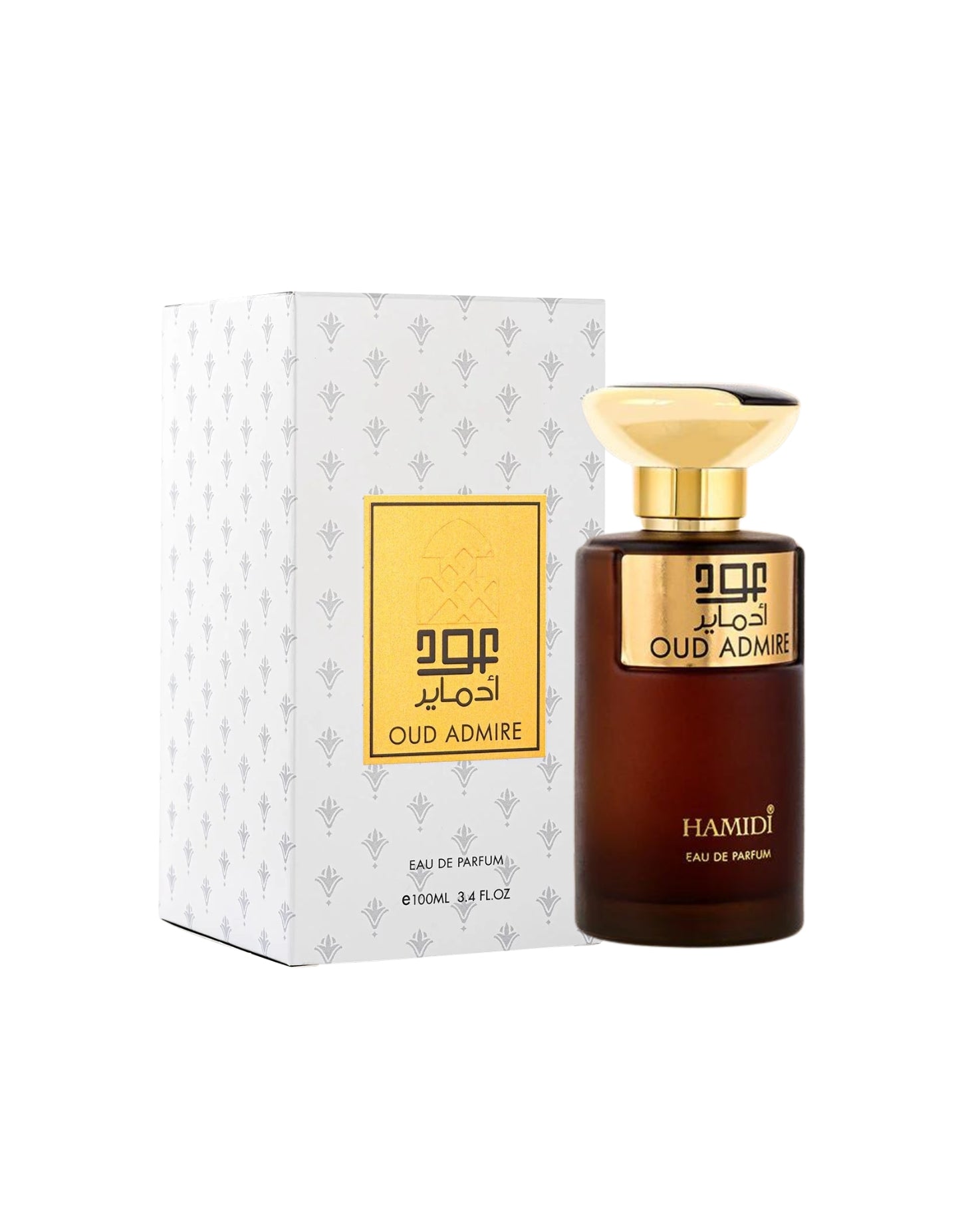 oud admire perfume bottle and box against white background