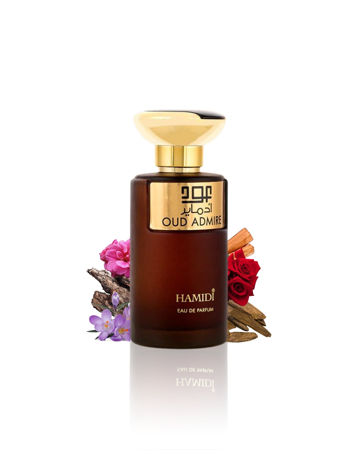 oud admire perfume bottle surrounded by saffron rose against white background