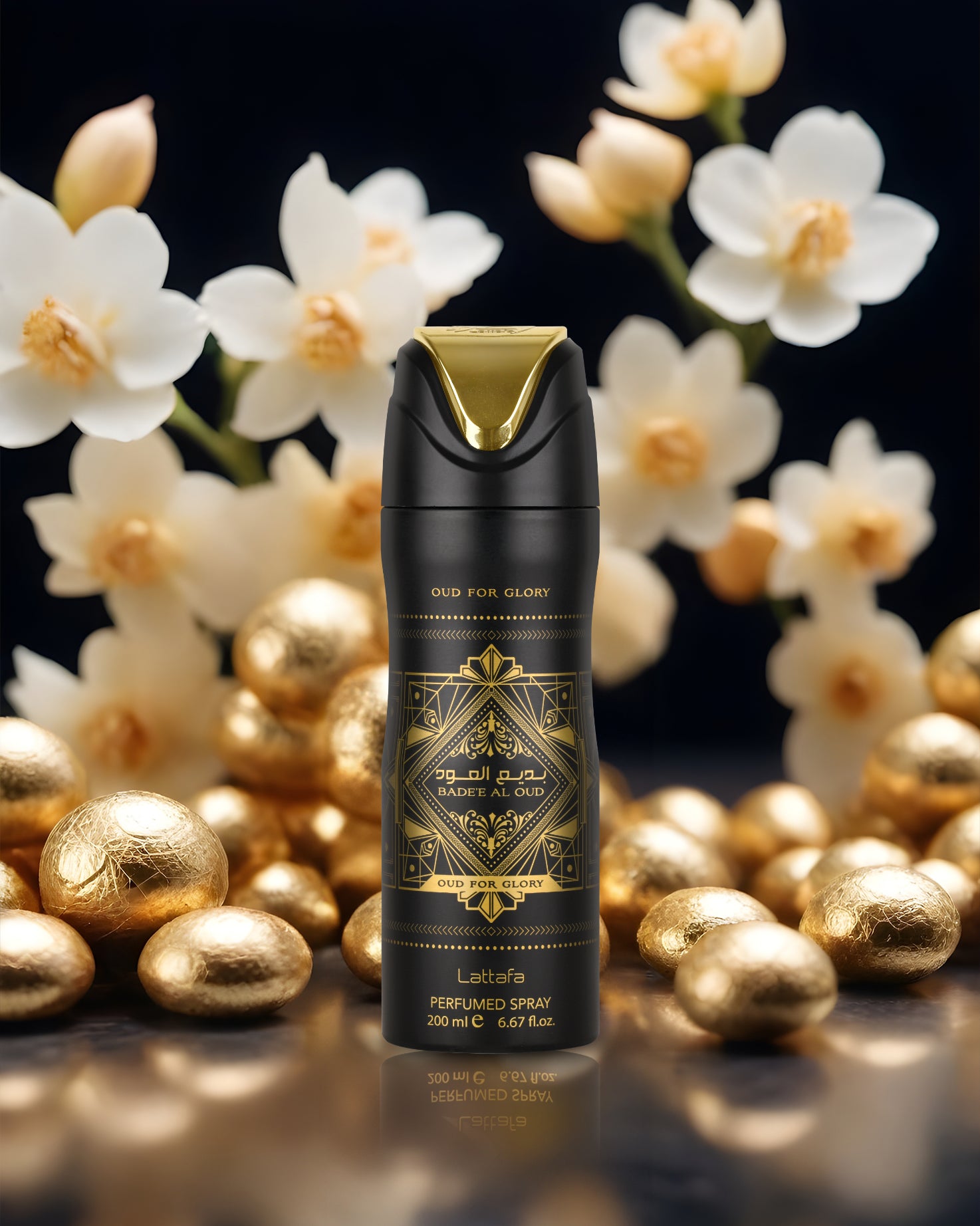 oud for glory deodorant bottle photograph against white flowers