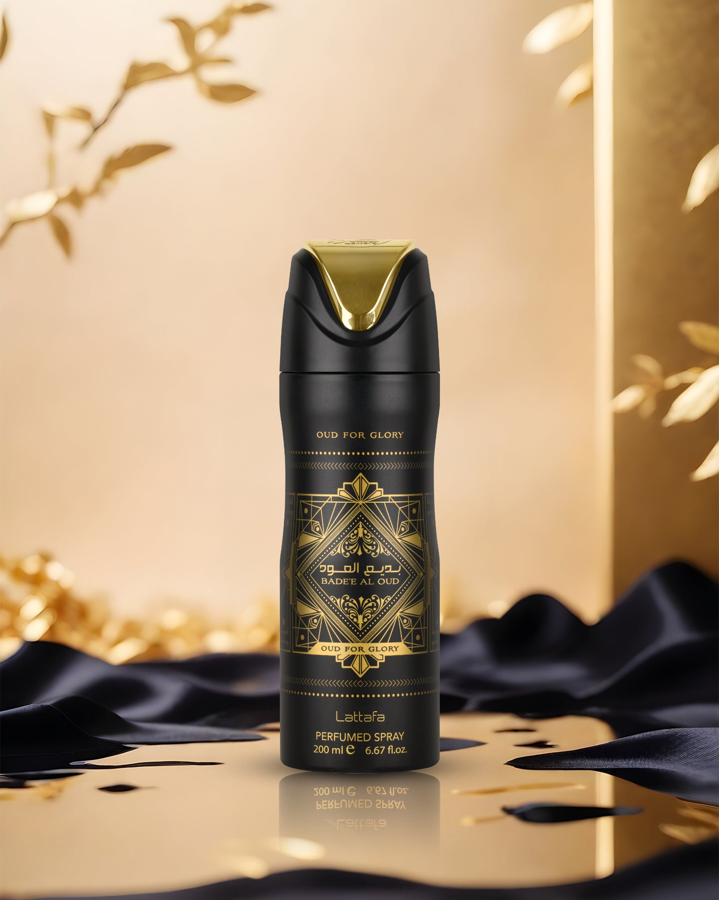 oud for glory deodorant bottle photograph over reflected surface