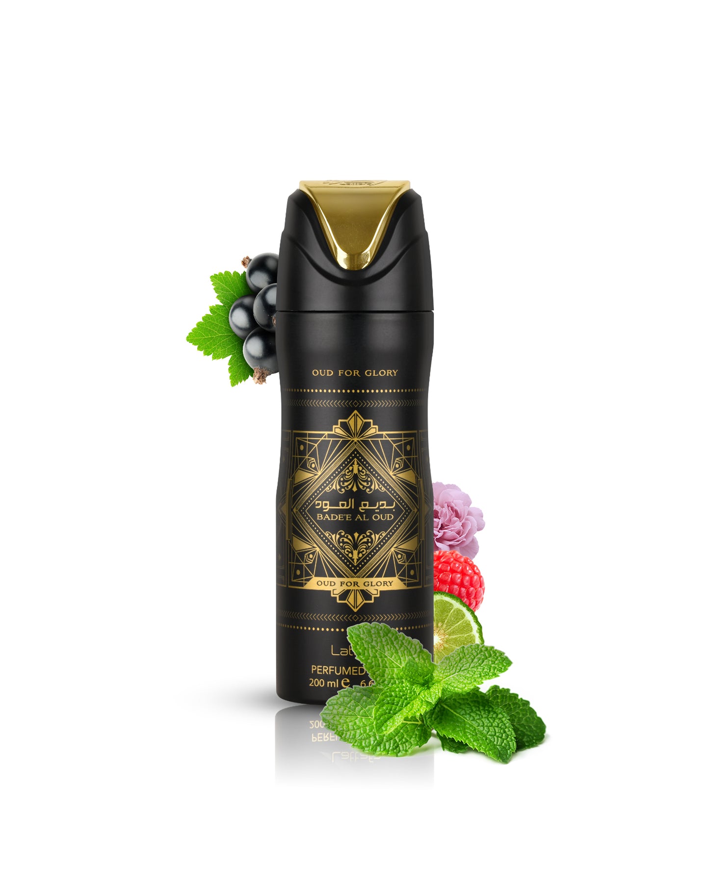oud for glory deodorant bottle surrounded by patchouli citrus against white background