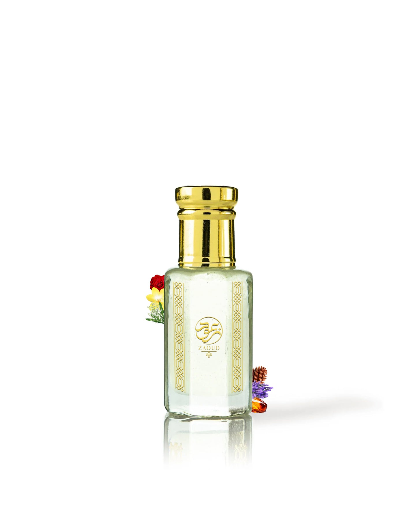 oudara perfume oil bottle surrounded with fragrance notes like amber and rose against white background