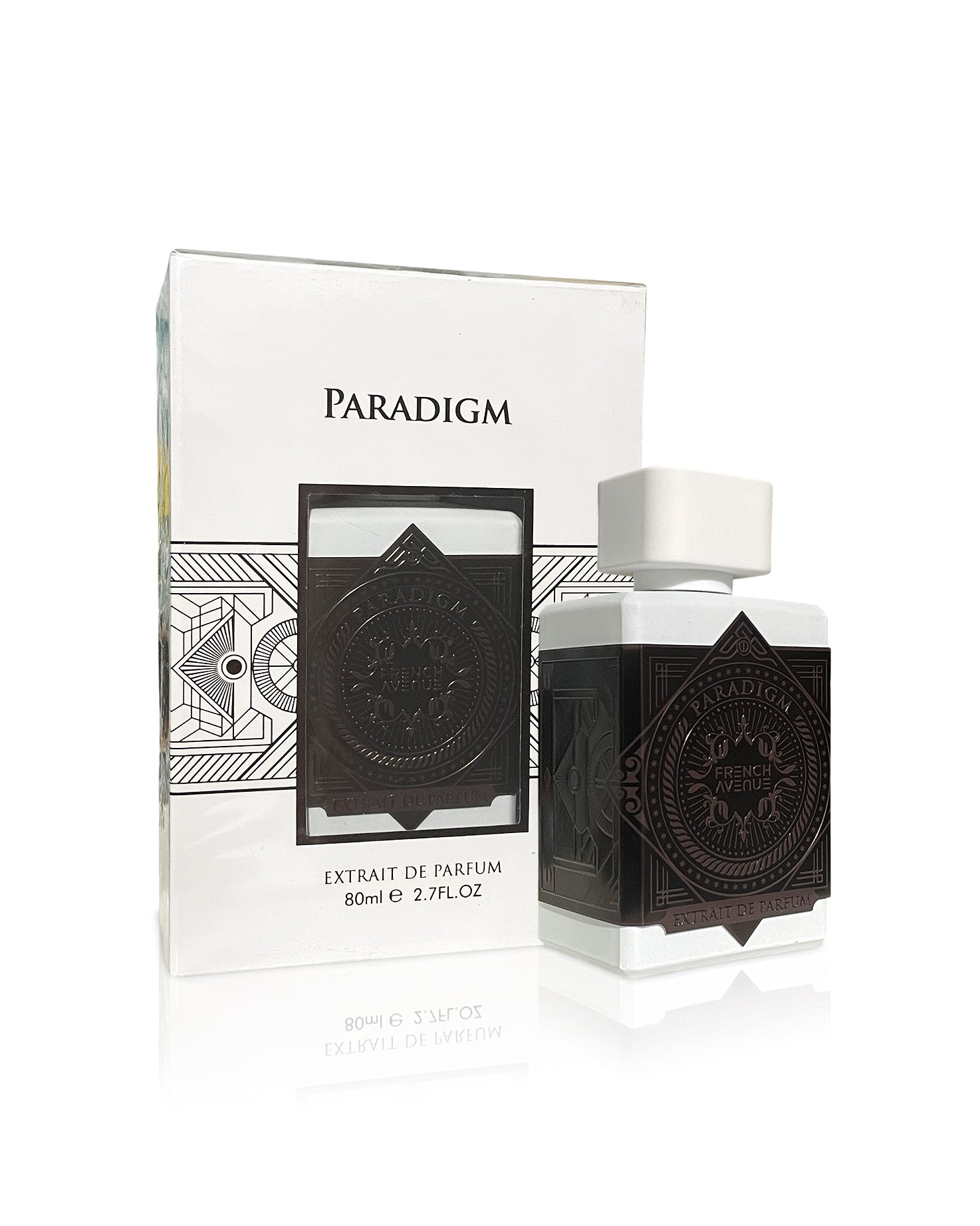 paradigm extrait perfume bottle shows beside its box against