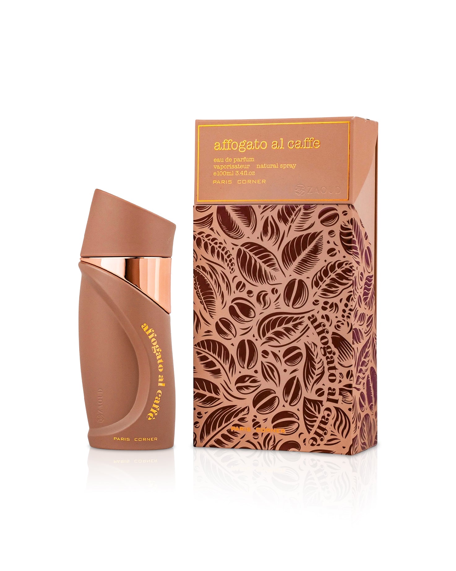 paris corner affogato al caffe Brown perfume bottle and packaging with coffee bean design on a white background