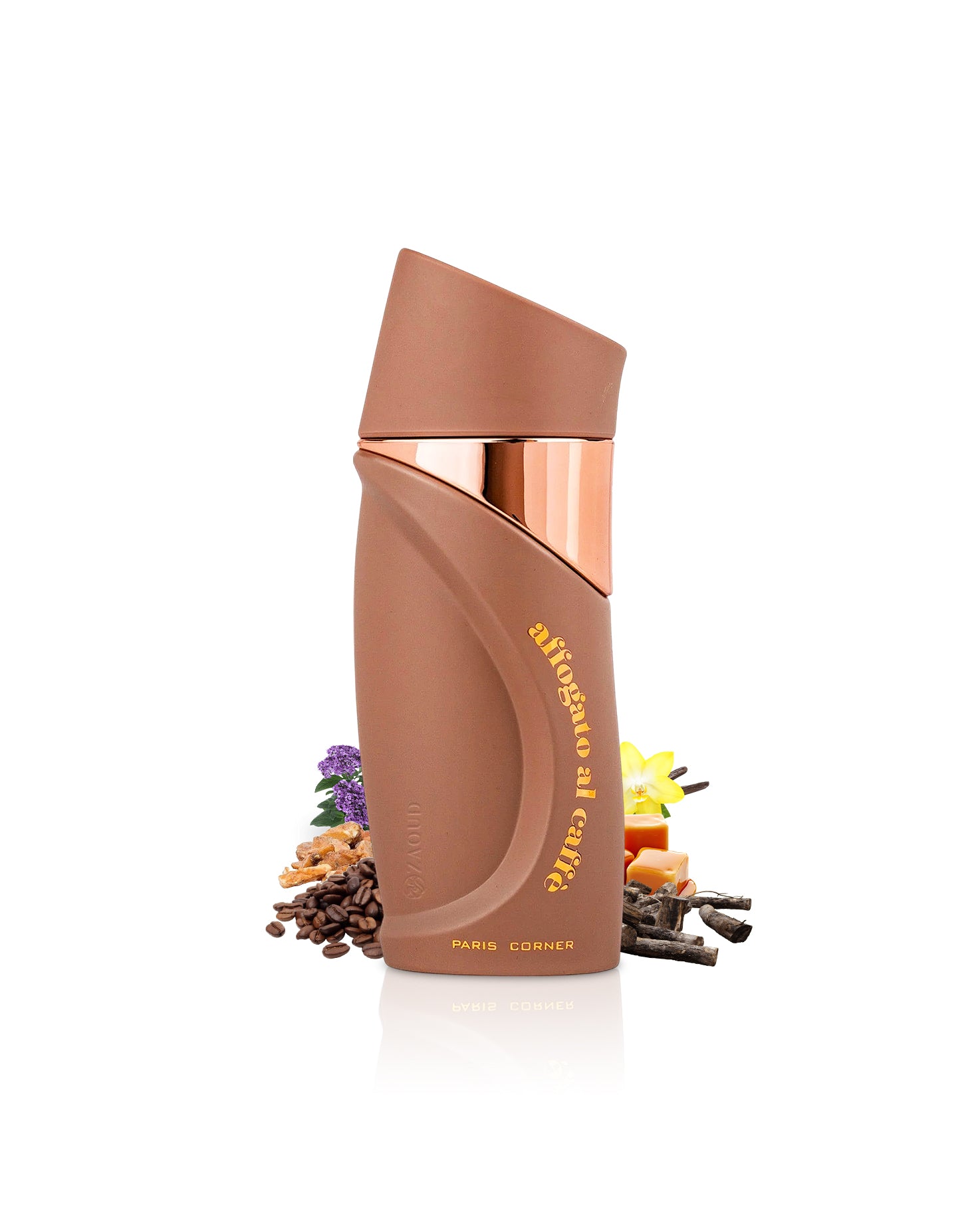 paris corner affogato al caffe Brown perfume bottle with decorative elements like caffe and vanilla on a white background