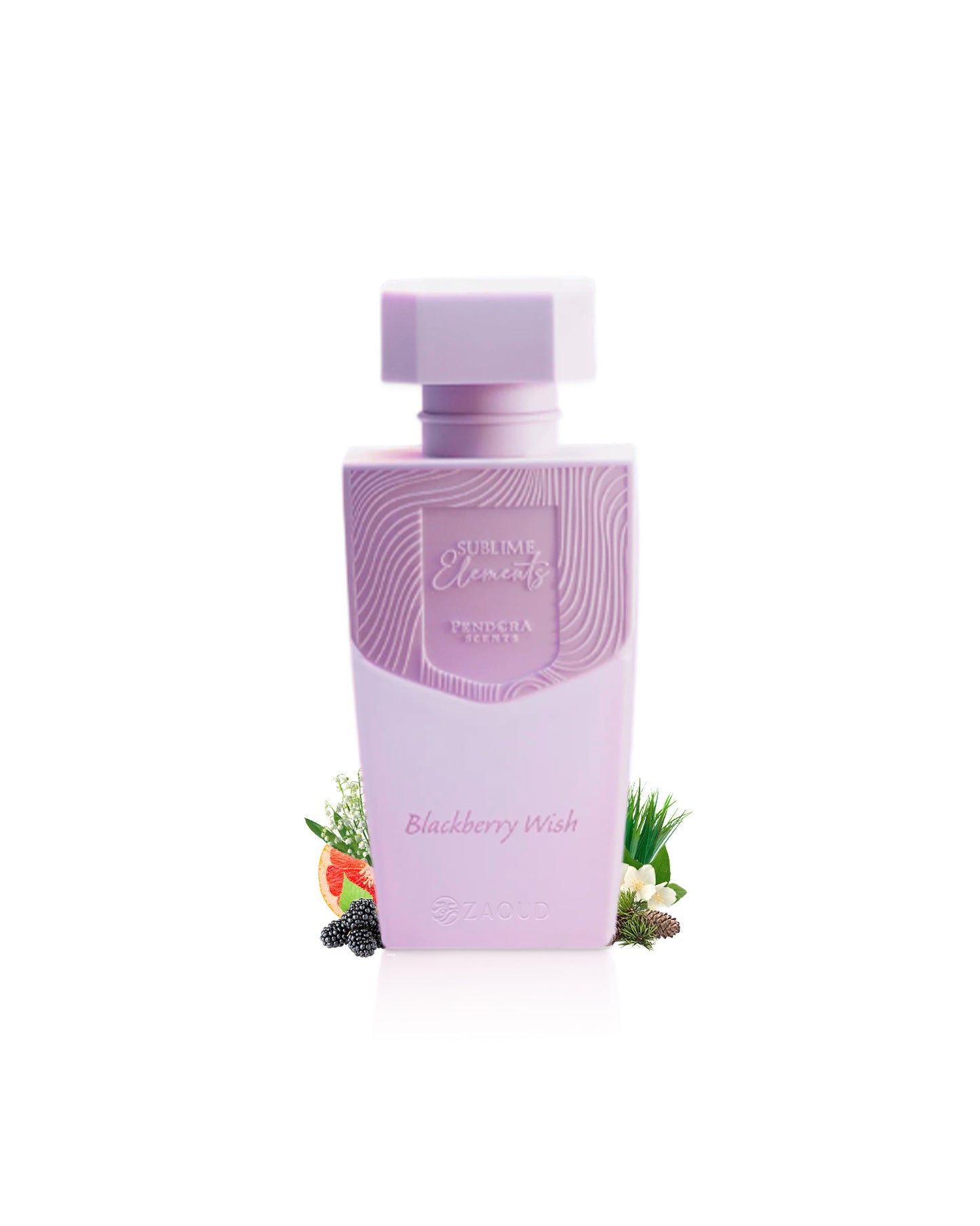 paris corner blackberry wish perfume bottle surrounded with fragrance notes like orange and blackberry shows against white background