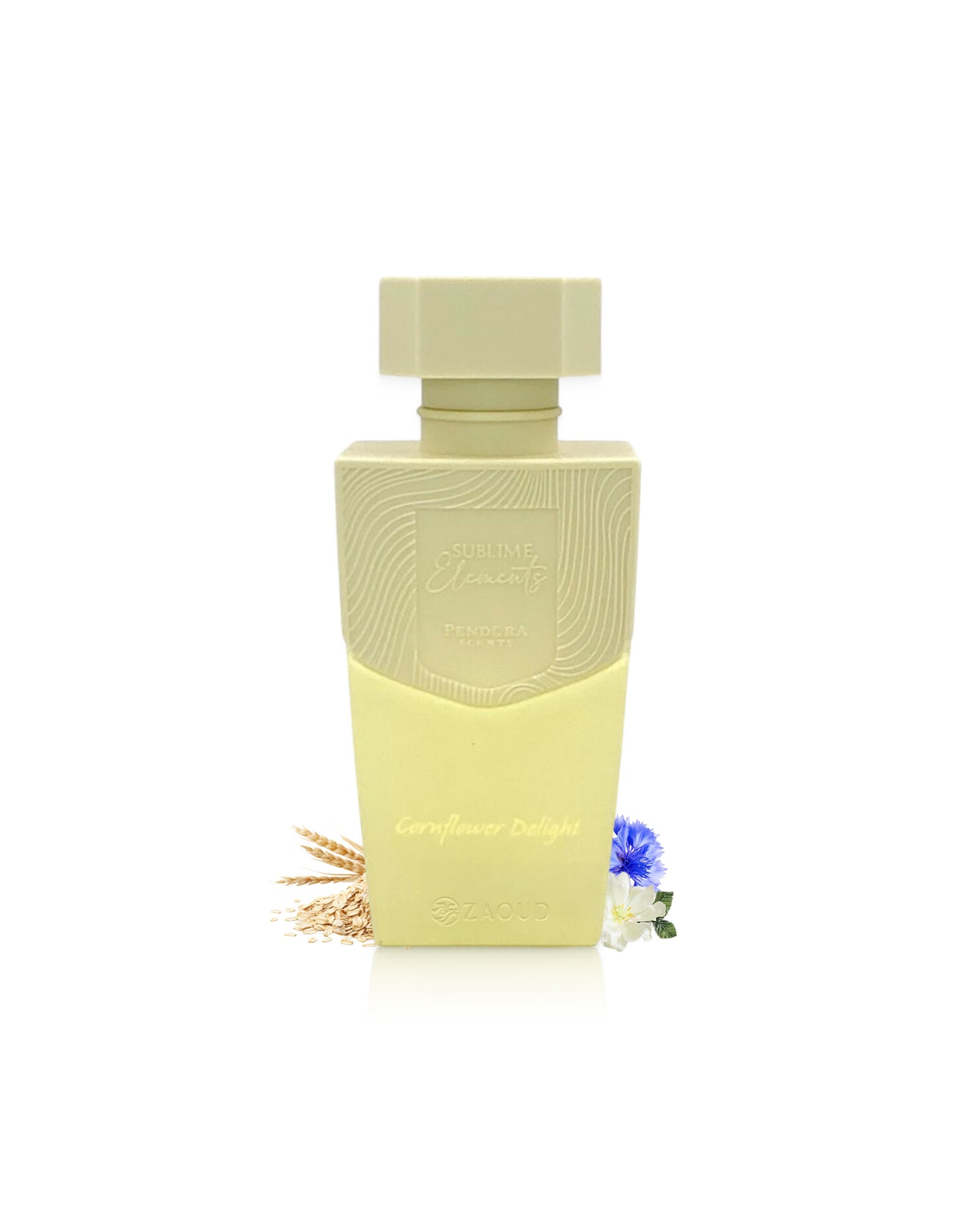 paris corner cornflower delight perfume bottle surrounded with fragrance notes like cornflower and oats shows against white background