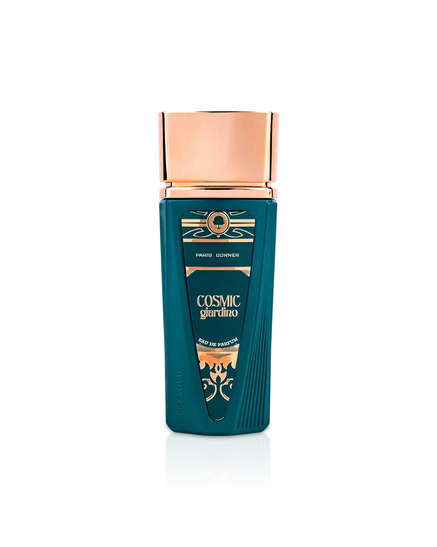 paris corner cosmic giardino perfume bottle with rose gold cap on a white background
