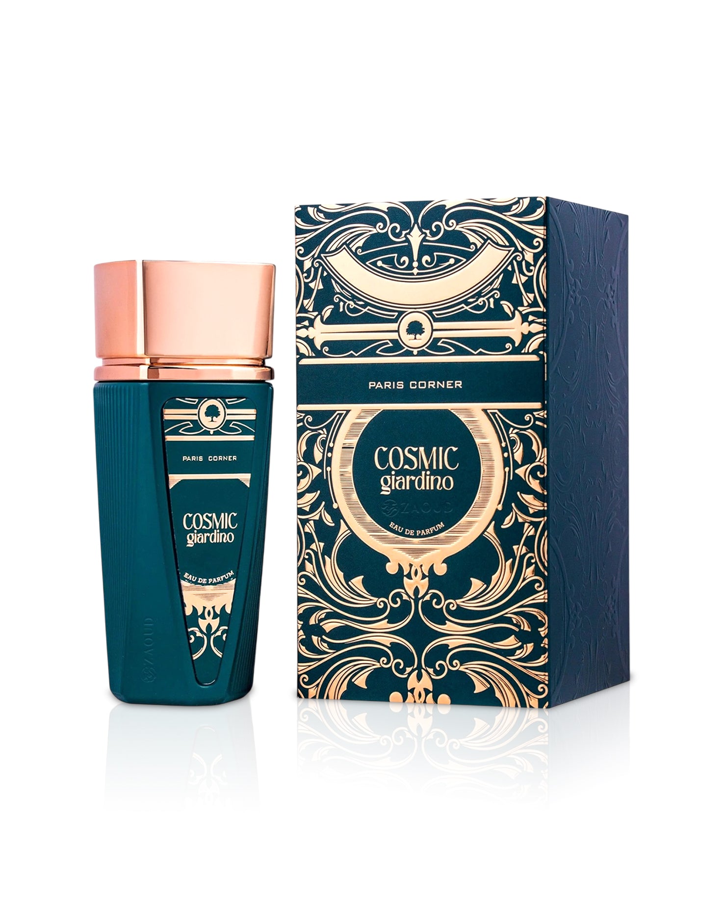 paris corner cosmic giardino perfume bottle with gold cap and decorative packaging on a white background
