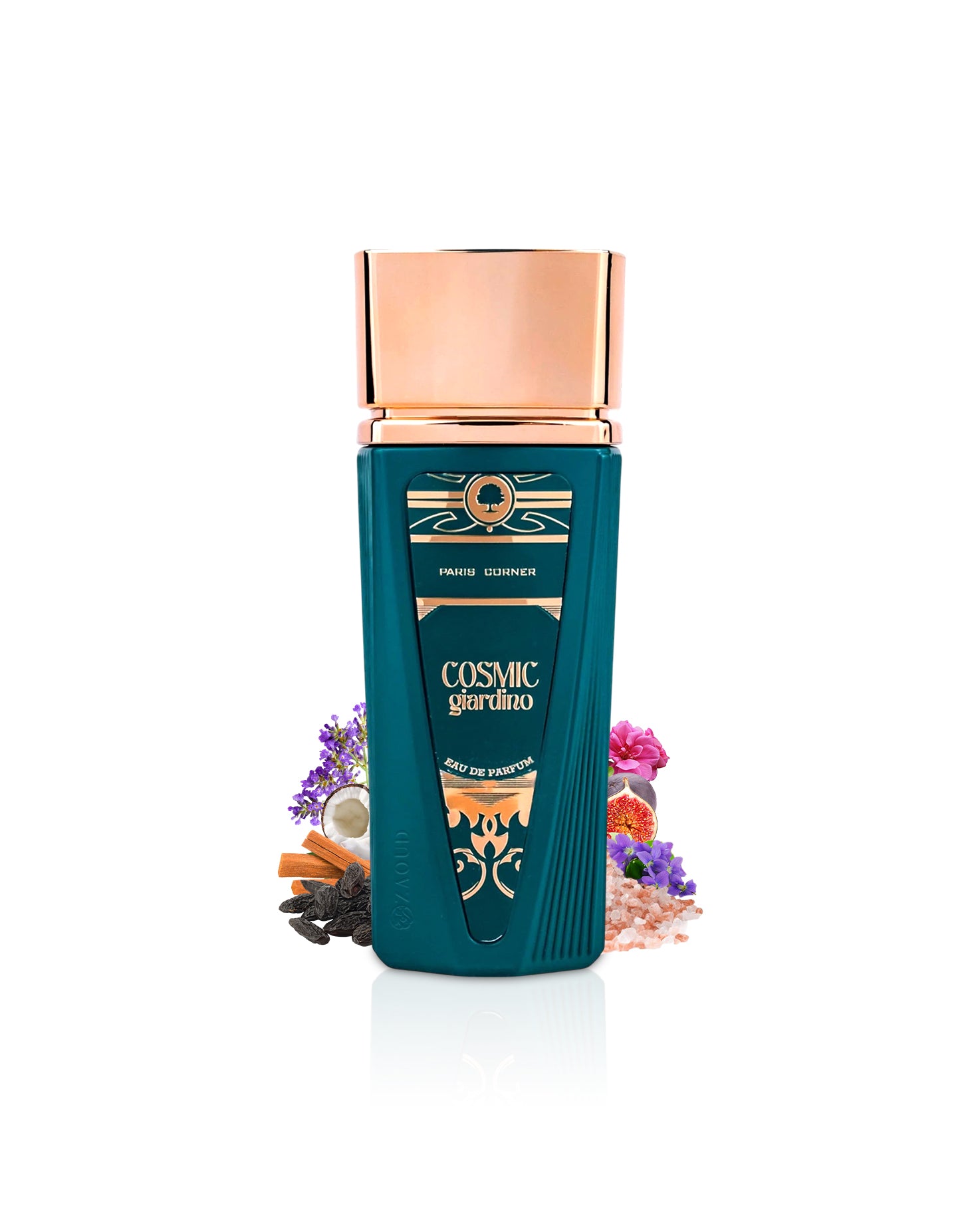paris corner perfume bottle surrounded by fragrance notes like salt and coconut with rose gold cap on a white background