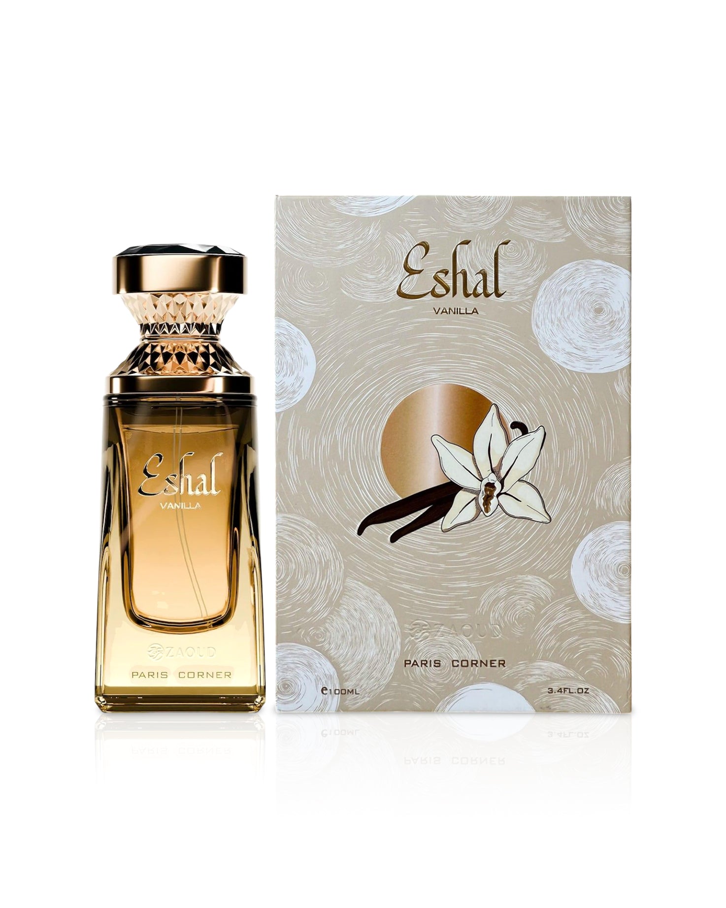 paris corner Eshal Vanilla perfume bottle and packaging on a white background