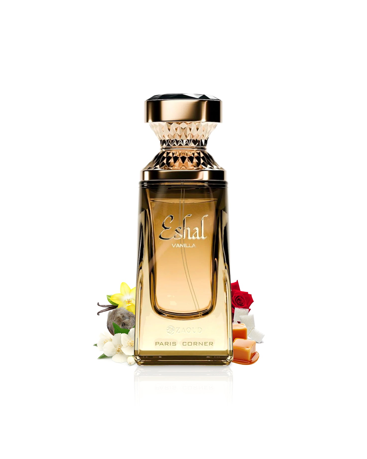 paris cornr eshal vanilla Perfume bottle with floral elements like caramel and jasmine on a white background