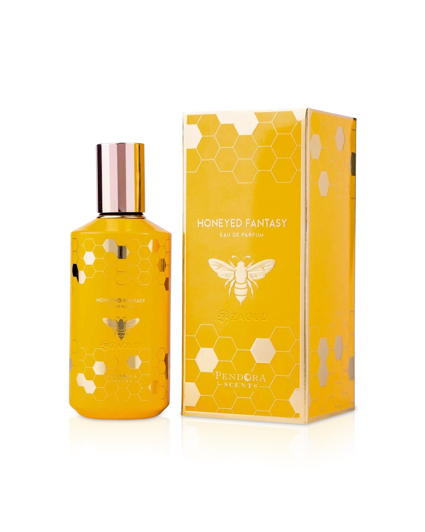 paris corner Honeyed Fantasy Yellow perfume bottle and packaging with bee design on a white background