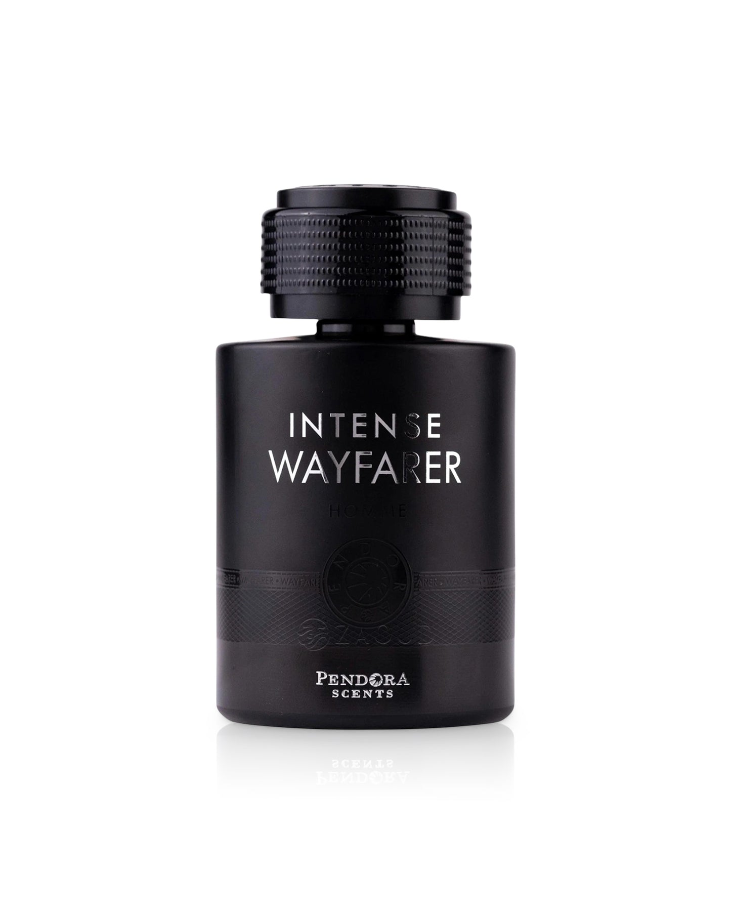 Black perfume bottle labeled 'Intense Wayfarer' by 'Pendora Scents' on a white background