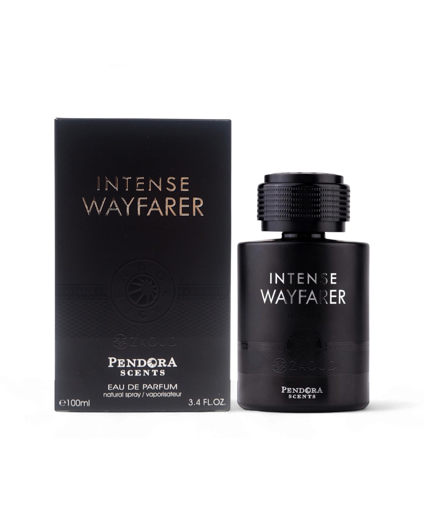 Black 'Intense Wayfarer' perfume bottle and packaging on a white background