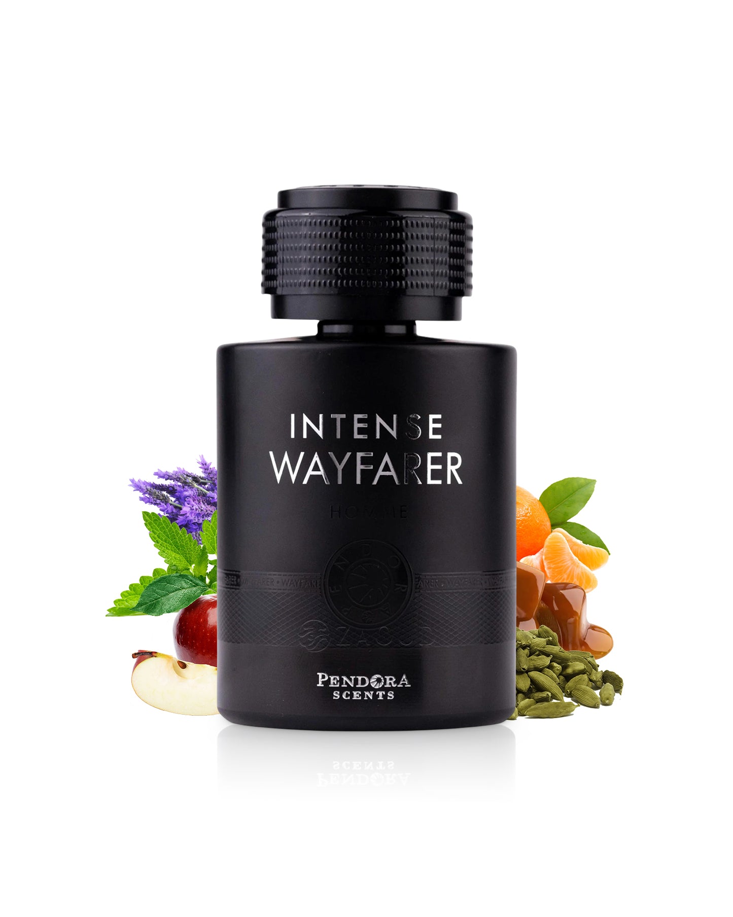 Black perfume bottle labeled 'Intense Wayfarer' by Pendora Scents with floral and fruit elements on a white background.