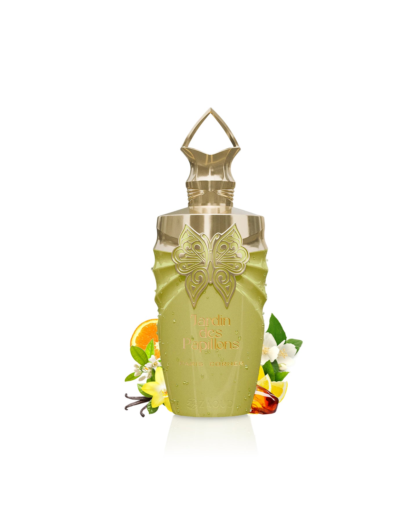 paris corner jardin des papillons perfume Decorative bottle surrounded by vanilla and amber with butterfly design on a white background