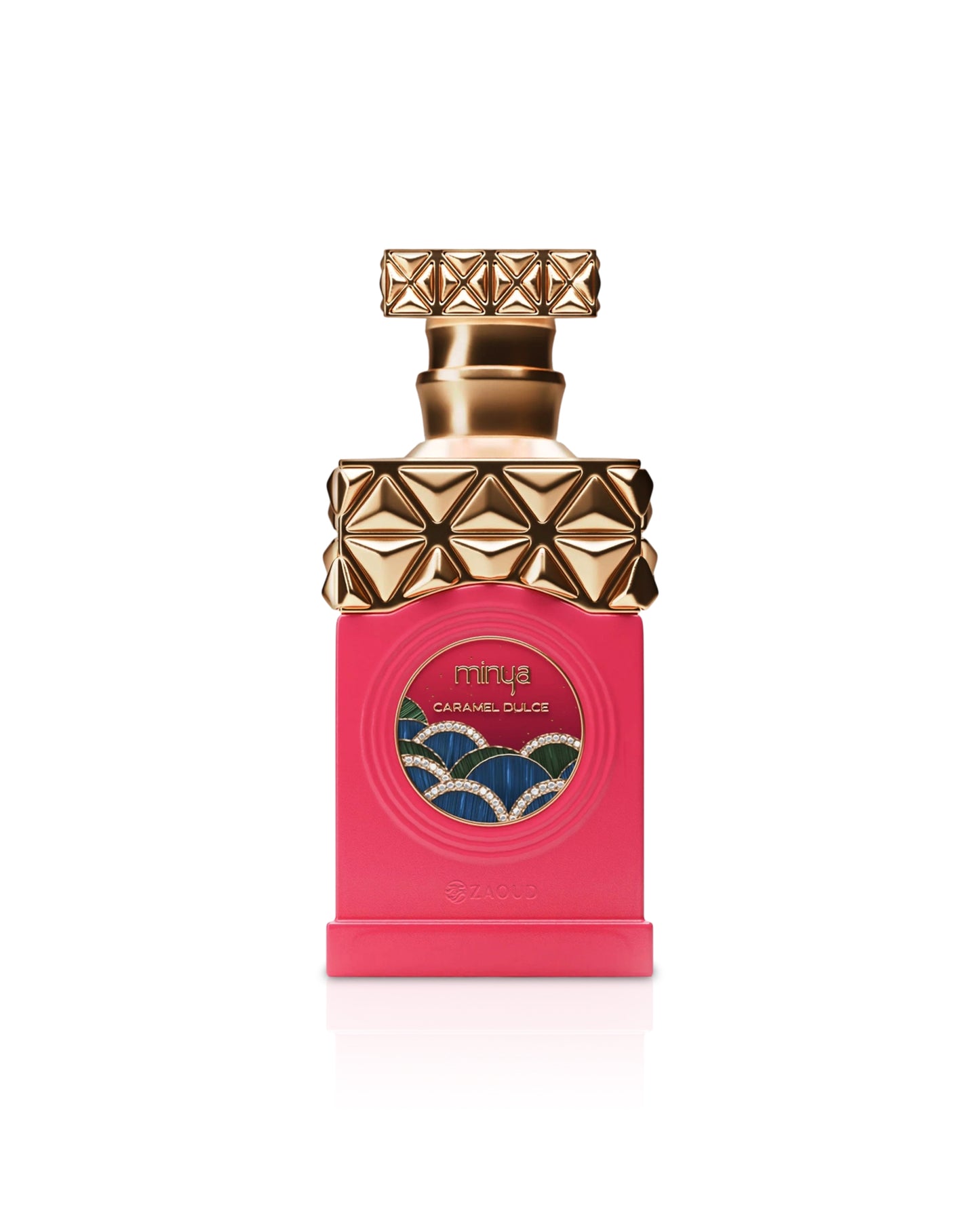 paris corner minya caramel dulce Perfume bottle with gold cap and pink body on a white background