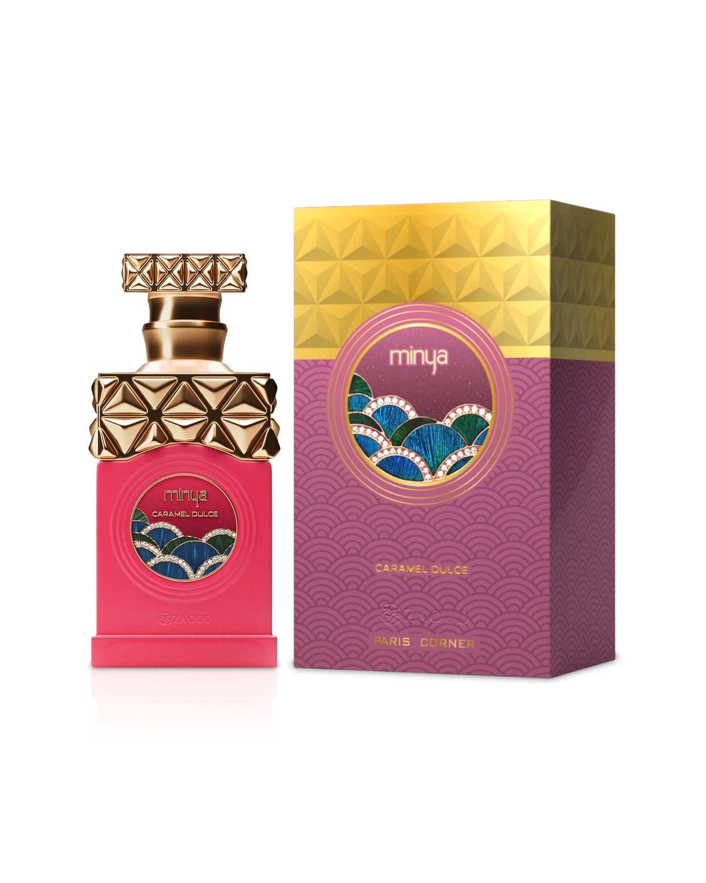 paris corner minya caramel dulce Pink perfume bottle with gold cap and matching box on a white background