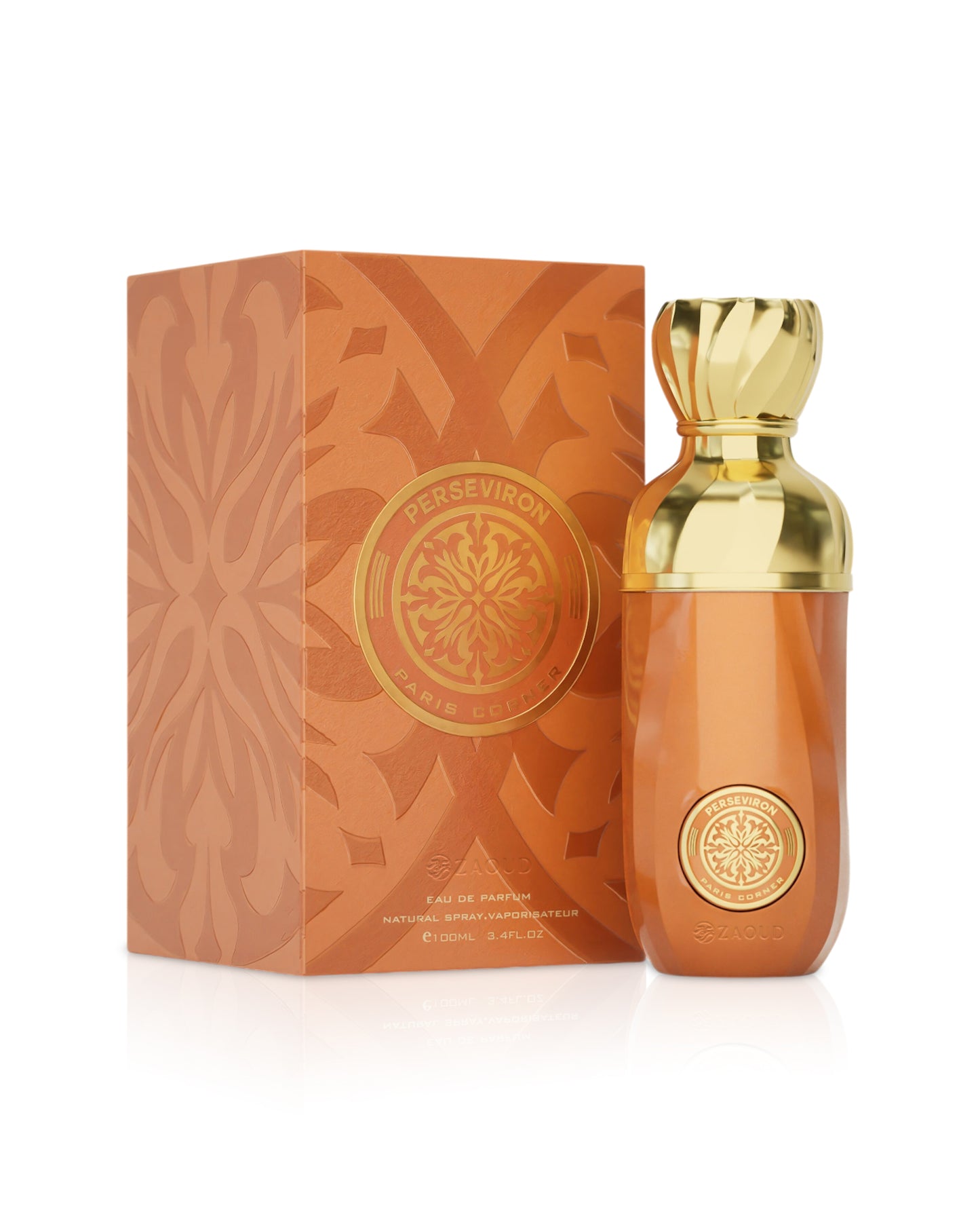 paris corner PERSEVIRON perfume bottle and packaging on a white background