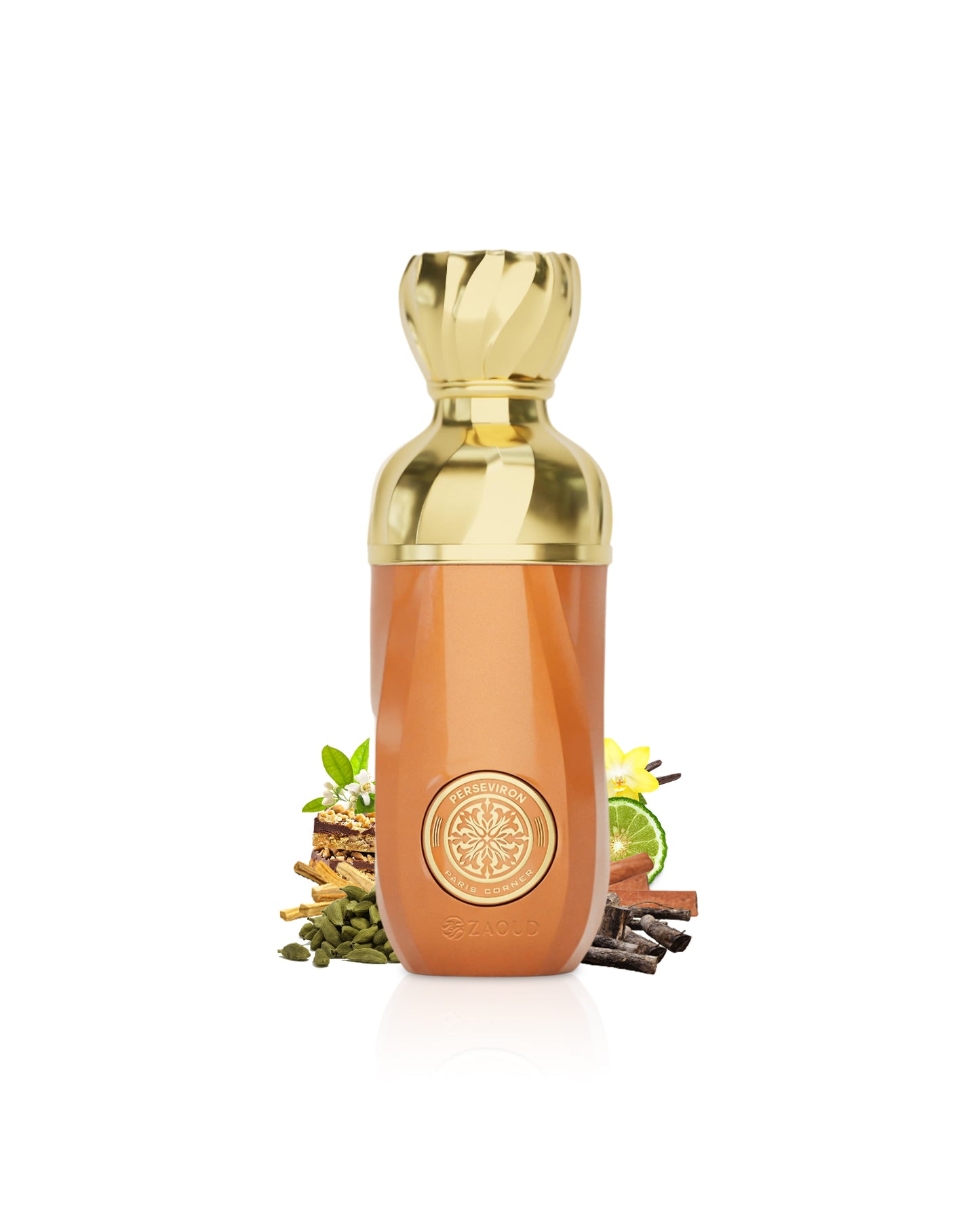 paris corner PERSEVIRON perfume bottle with gold top and wooden body surrounded by cardamom and vanilla on a white background