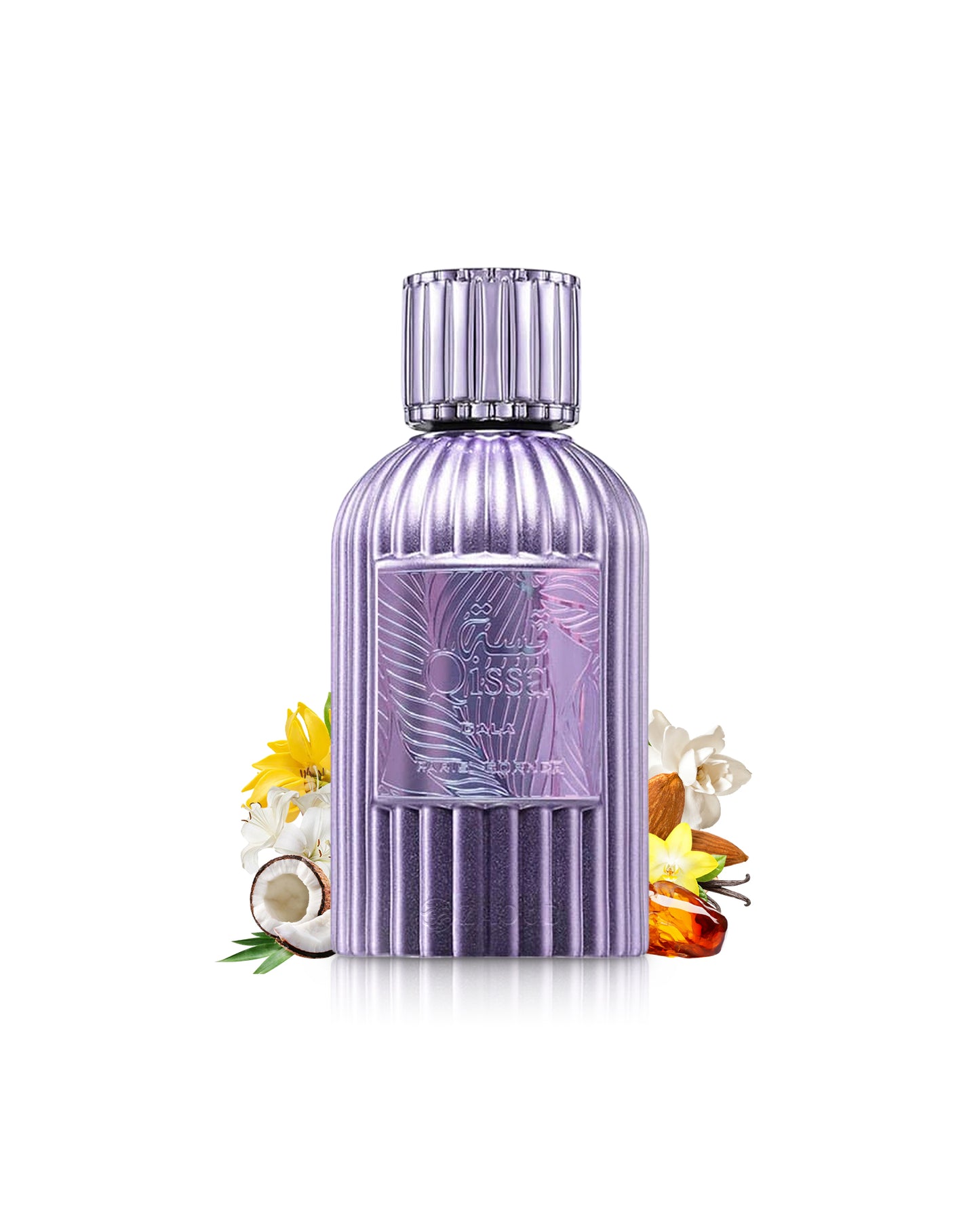 paris corner qissa gala perfume purple bottle surrounded by fragrance notes like white flowers and coconut shows against white background