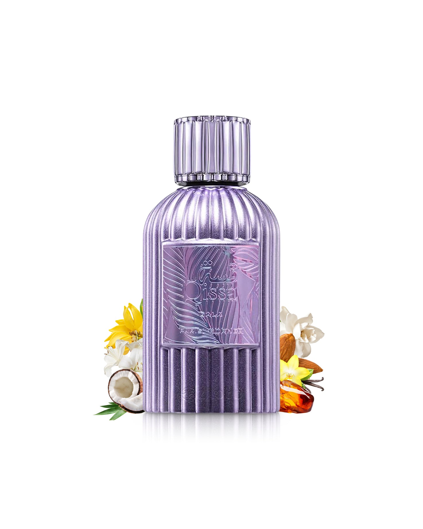 paris corner qissa gala perfume purple bottle surrounded by fragrance notes like white flowers and coconut shows against white background