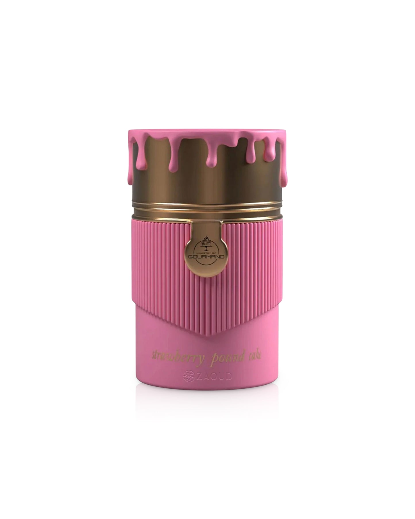paris corner strawberry pound cake Pink cylindrical container with gold accents on a white background
