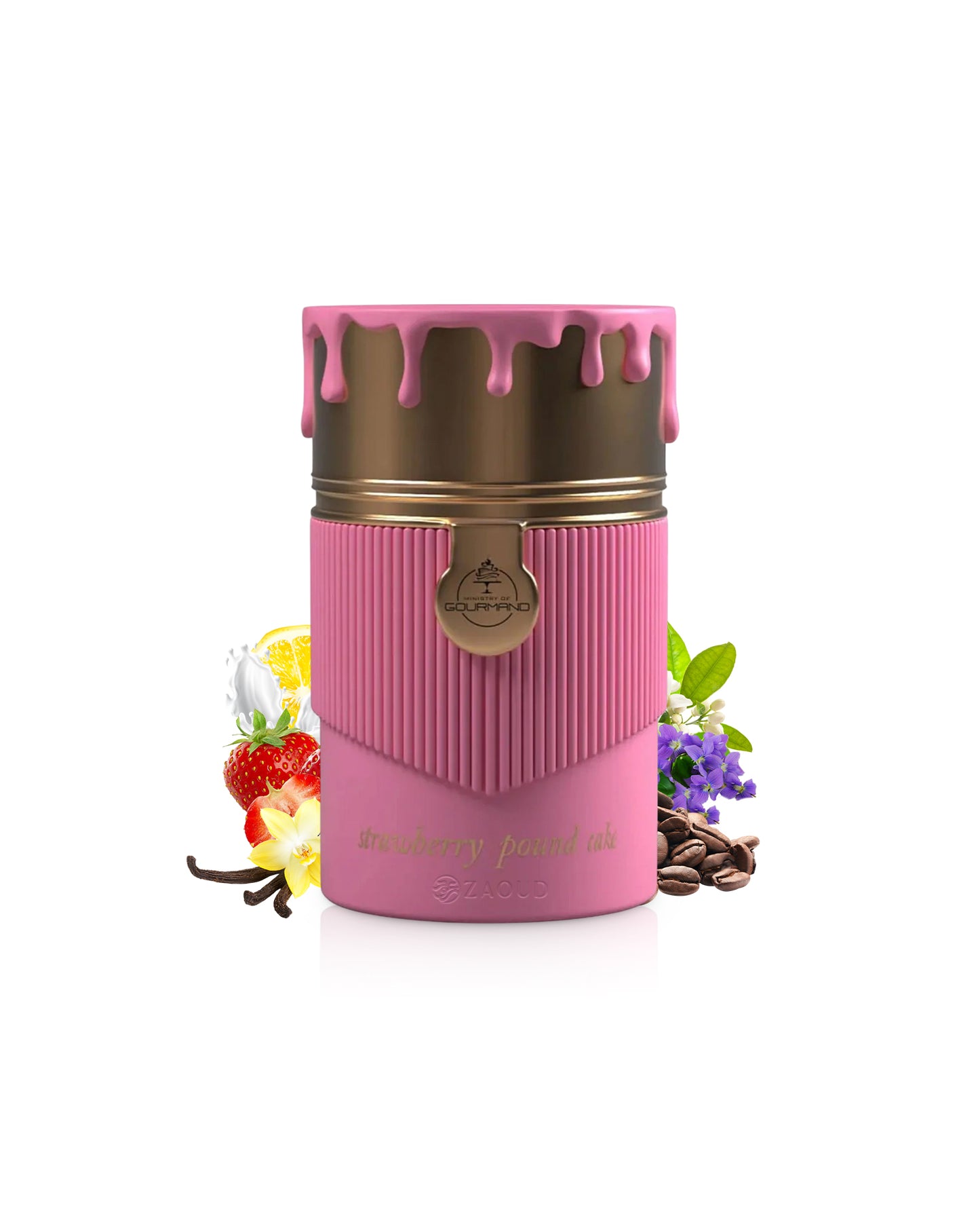 paris corner strawberry pound cake Pink coffee cup with chocolate lid on a white background