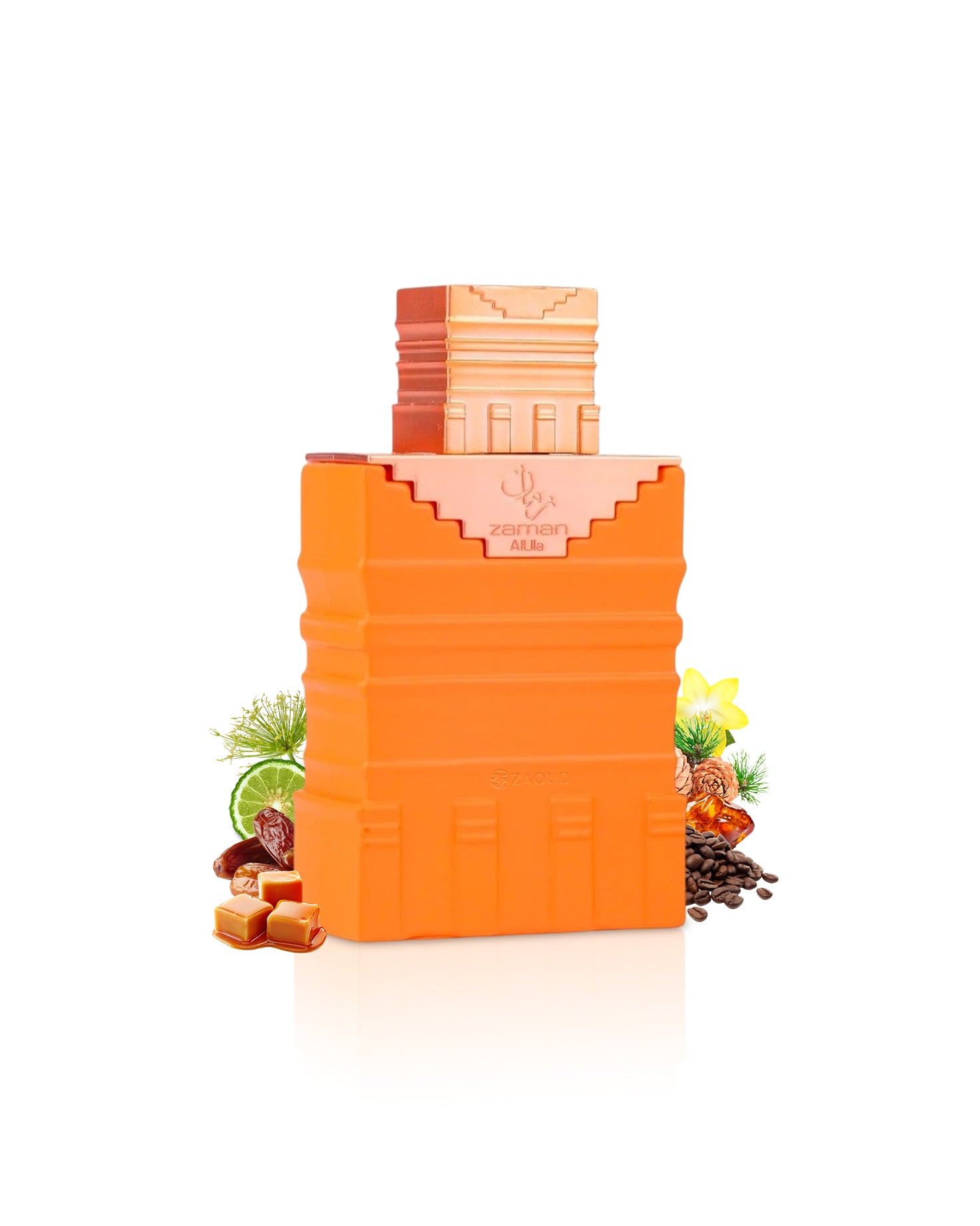 paris corner zaman al ula Orange chocolate bar with decorative elements like dates and caramel on a white background