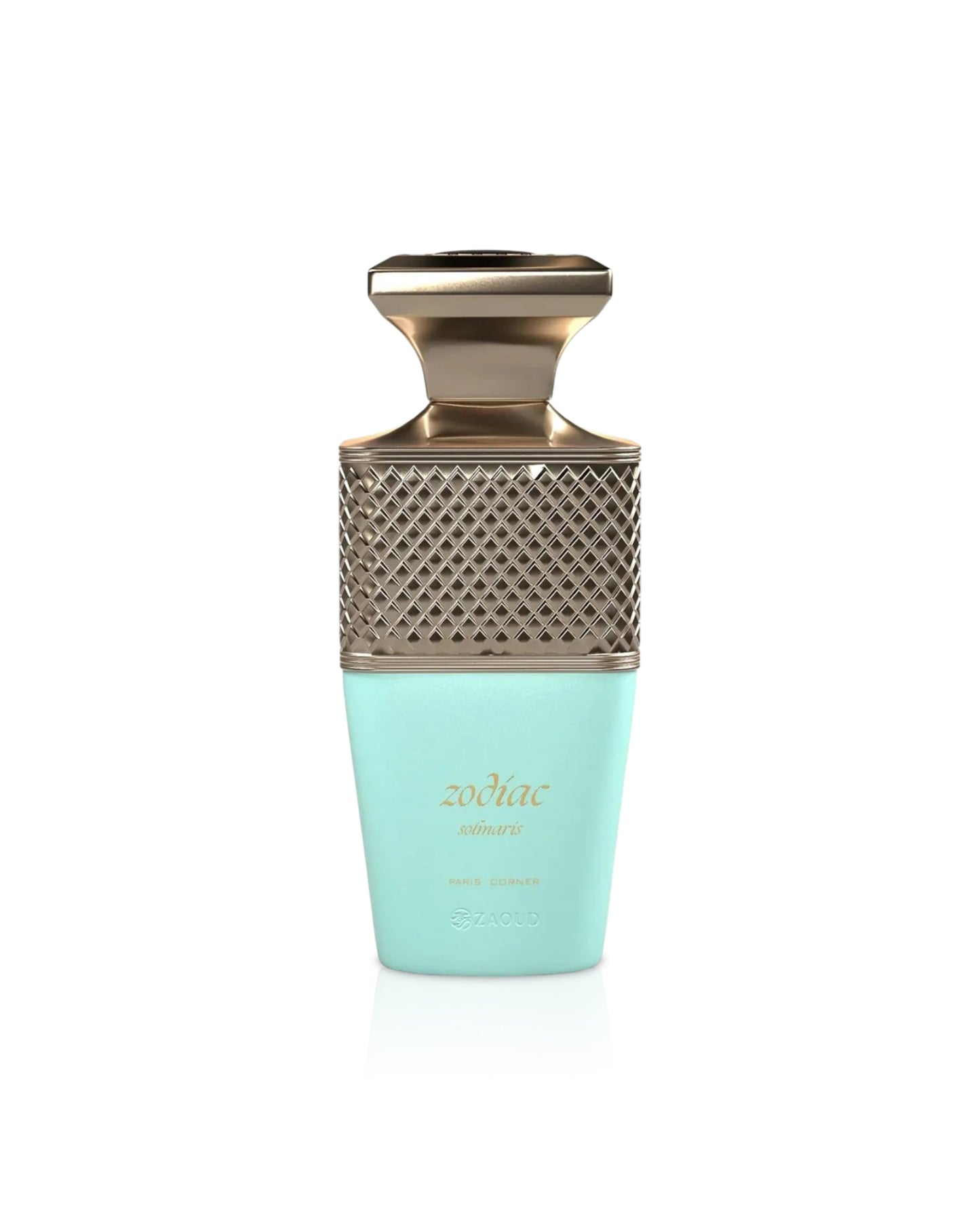 paris corner zodiac solmaris Perfume bottle with gold cap and turquoise base on a white background