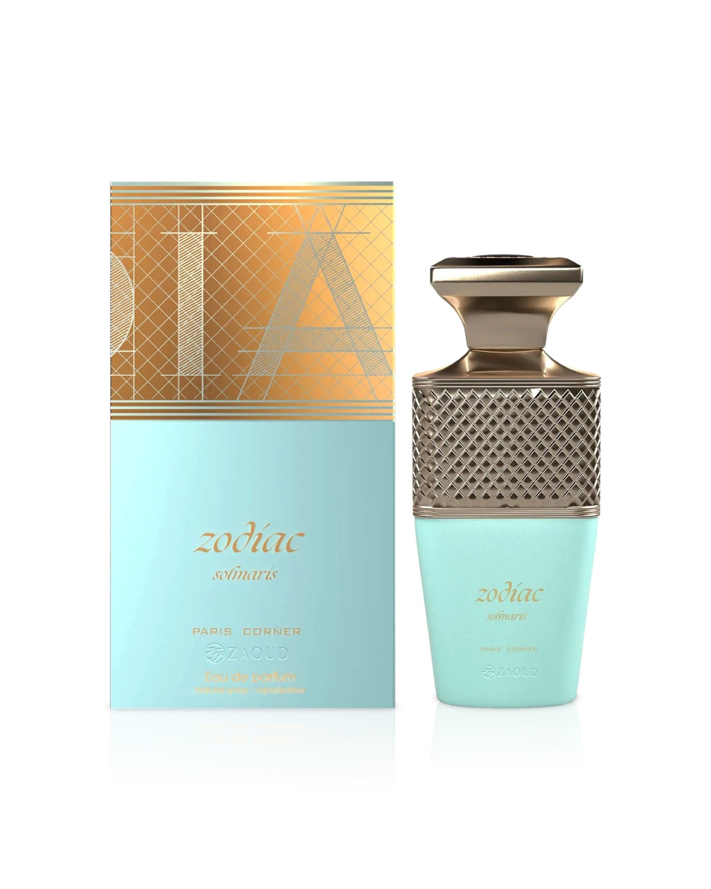 paris corner zodiac solmaris Perfume bottle and packaging with 'zodiac' branding on a white background