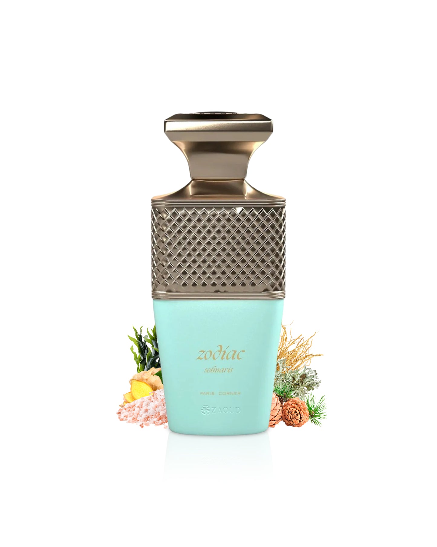 paris corner zodiac solmaris Perfume bottle with decorative top and salt and ginger elements on a white background