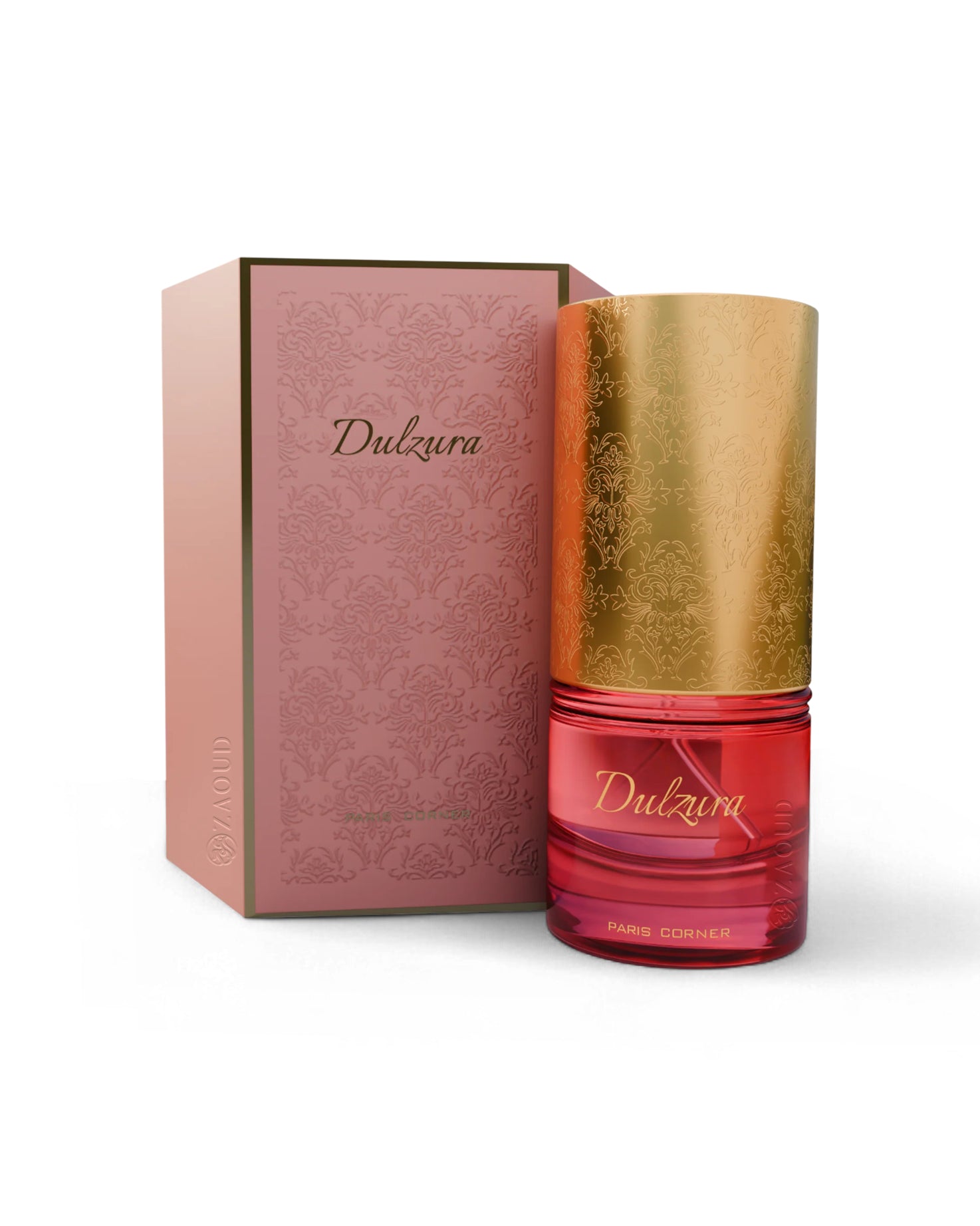 Red and gold paris corner Dulzura perfume bottle with matching box on a white background