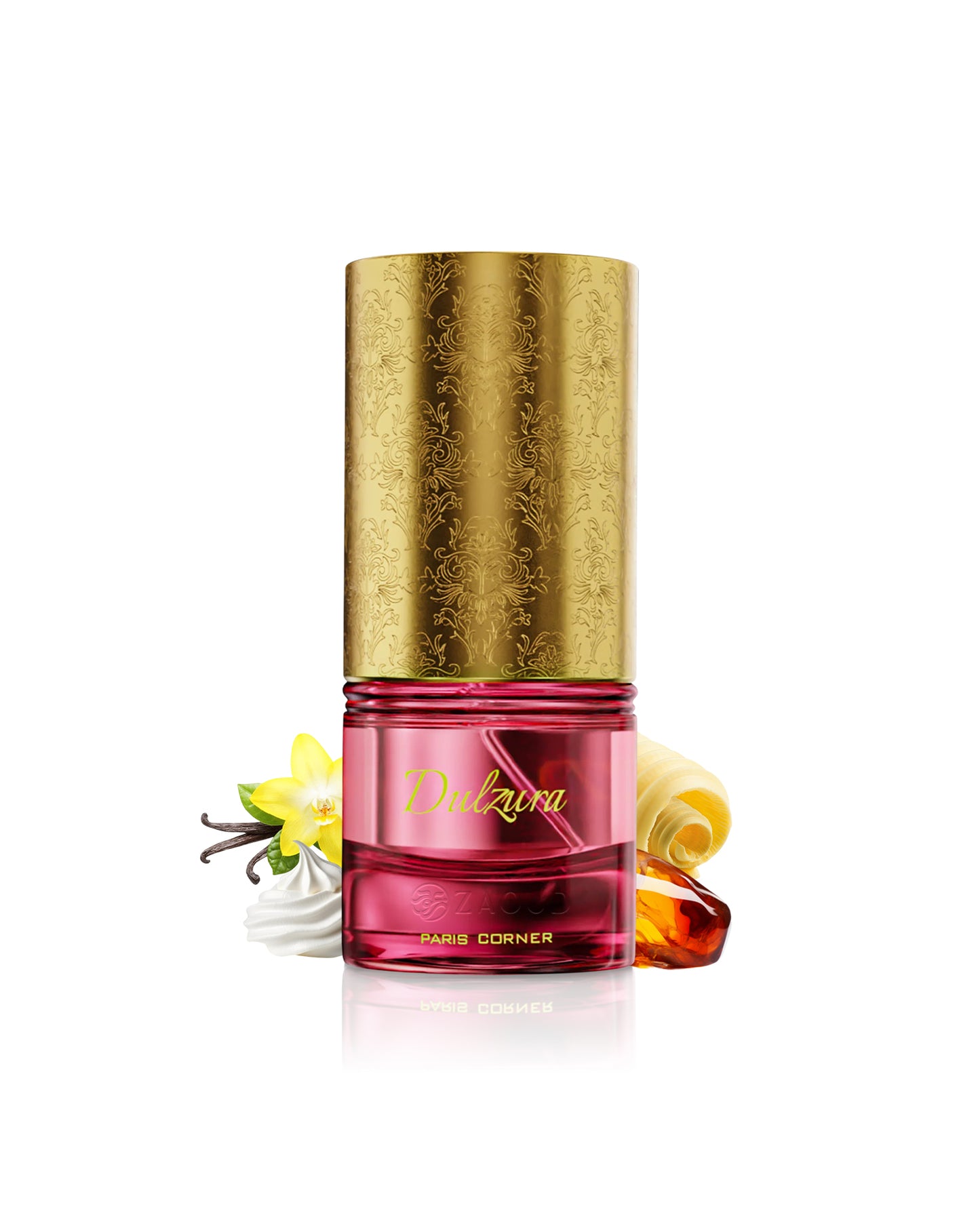 paris corner dulzura Perfume bottle with gold cap and pink body surrounded by vanilla and butter on a white background
