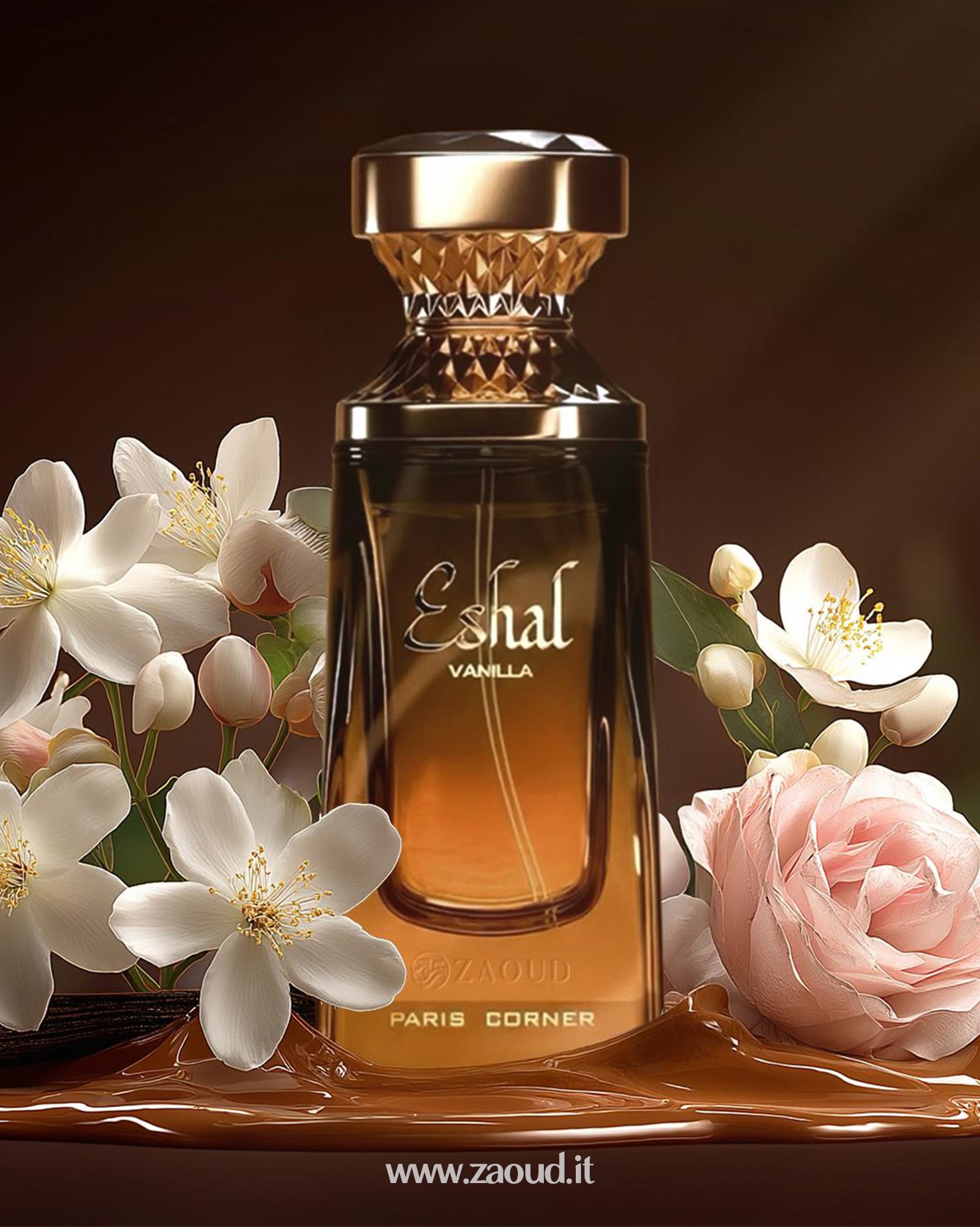 Golden-brown perfume bottle of Eshal Vanilla by Paris Corner, surrounded by white jasmine flowers, a pink rose, and flowing caramel on a rich brown background.