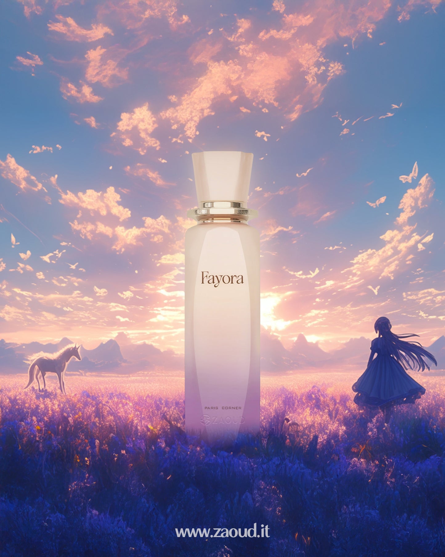Perfume bottle labeled 'Fayora' with a scenic background of a horse, person, and sunset.