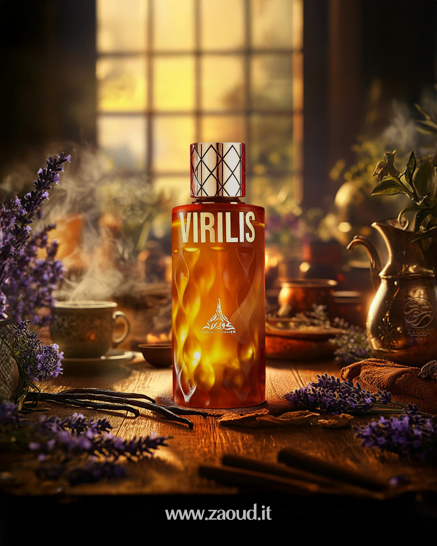 paris corner virilis perfume bottle indoor photograph over table and beside lavender flowers