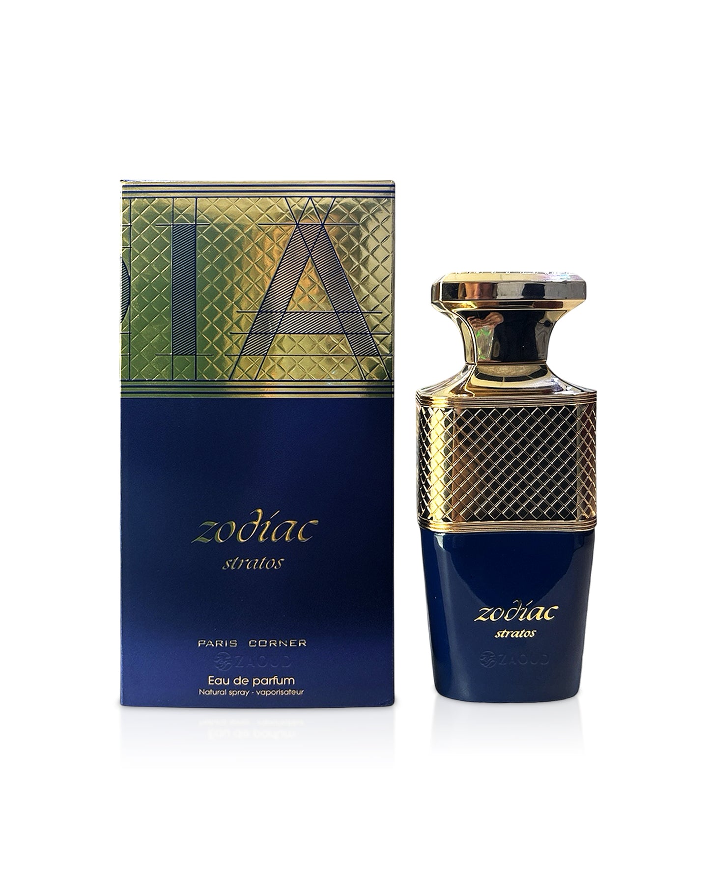 PAris corner zodiac stratos perfume bottle and packaging on a white background