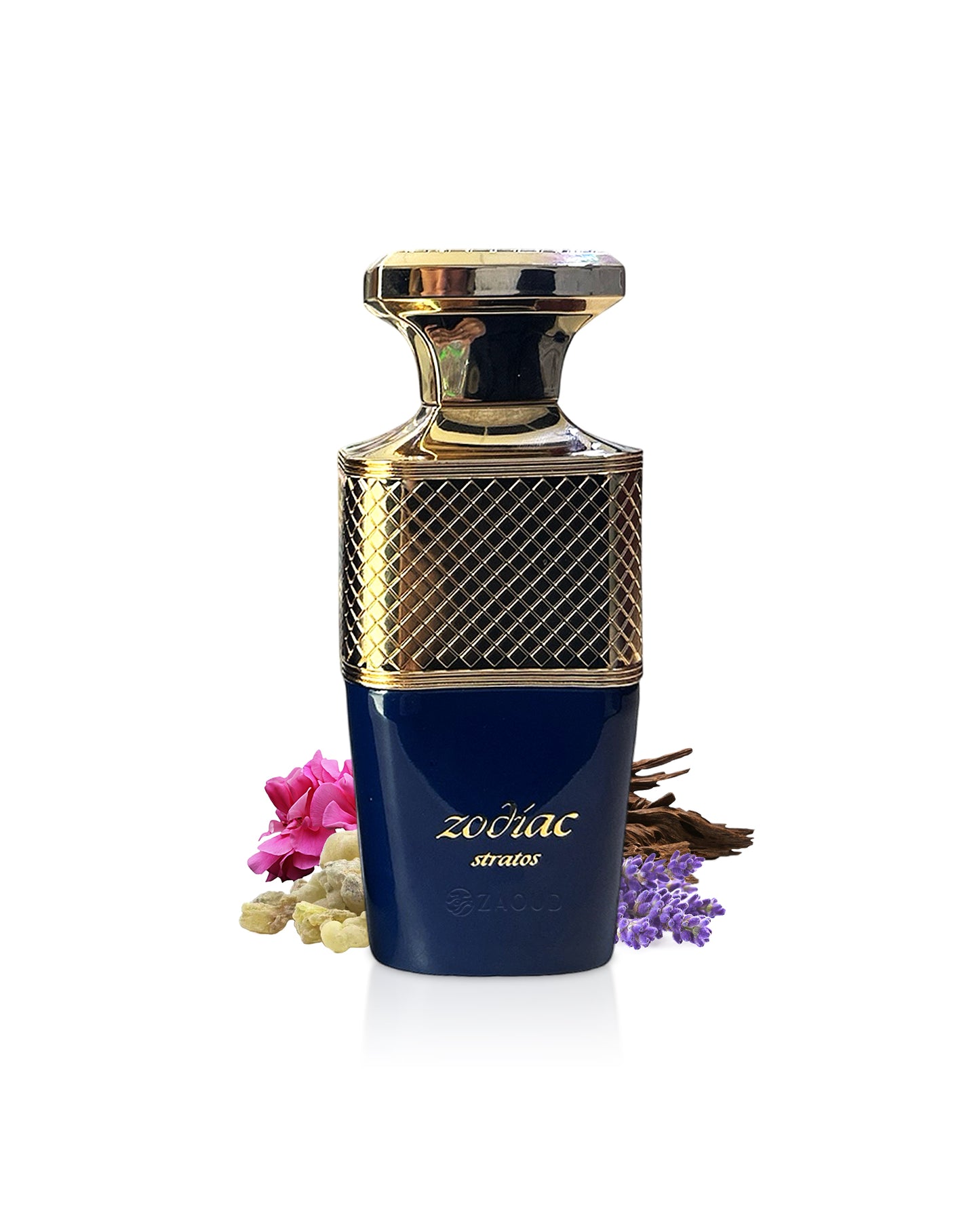 PAris corner zodiac stratos Perfume bottle with gold cap and blue body surrounded by fragrance notes like lavender on a white background