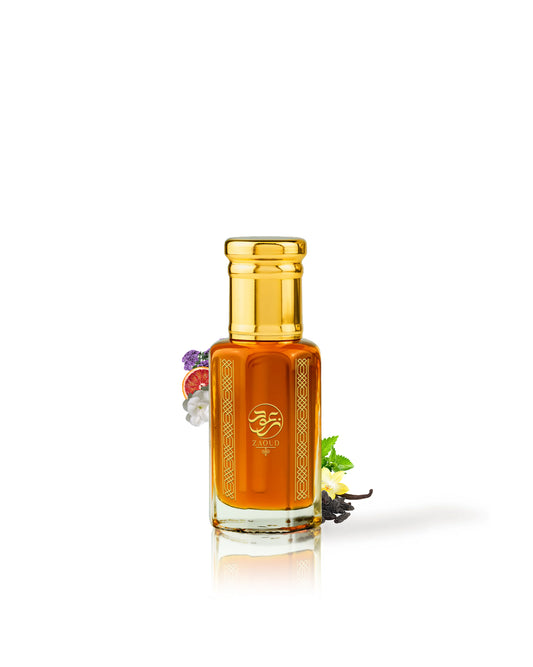 peach venom perfume oil bottle surrounded with fragrance notes like vanilla and orange against white background