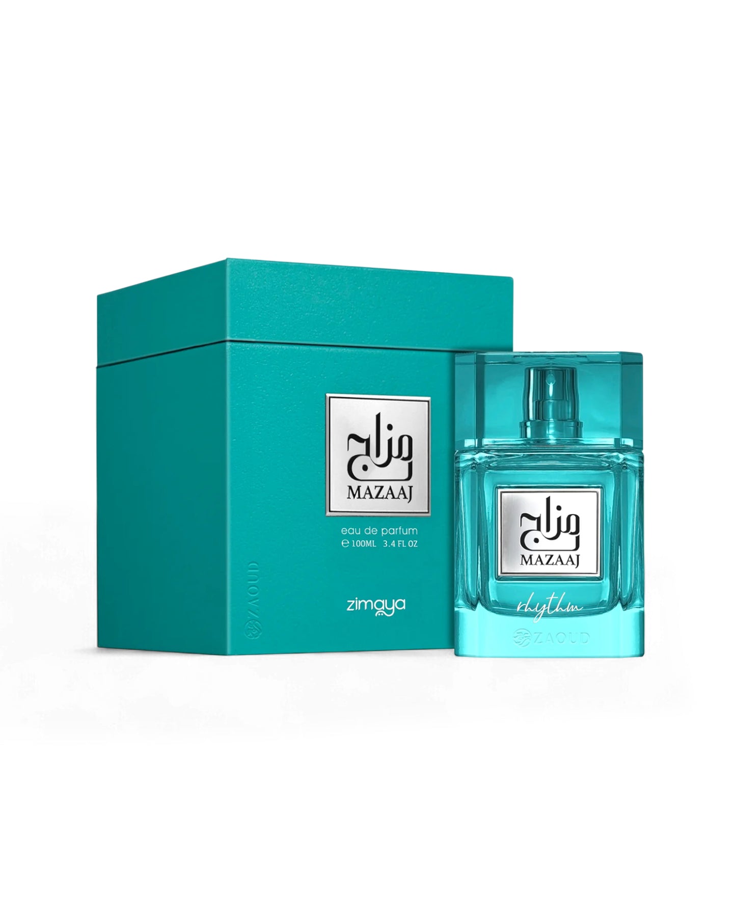 Mazaaj rhythm perfume bottle shows beside its packaging against white background