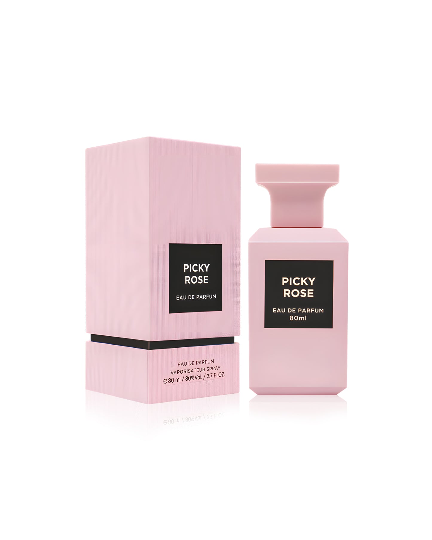 PICKY ROSE by fragrance worl perfume bottle shows beside its box against white background