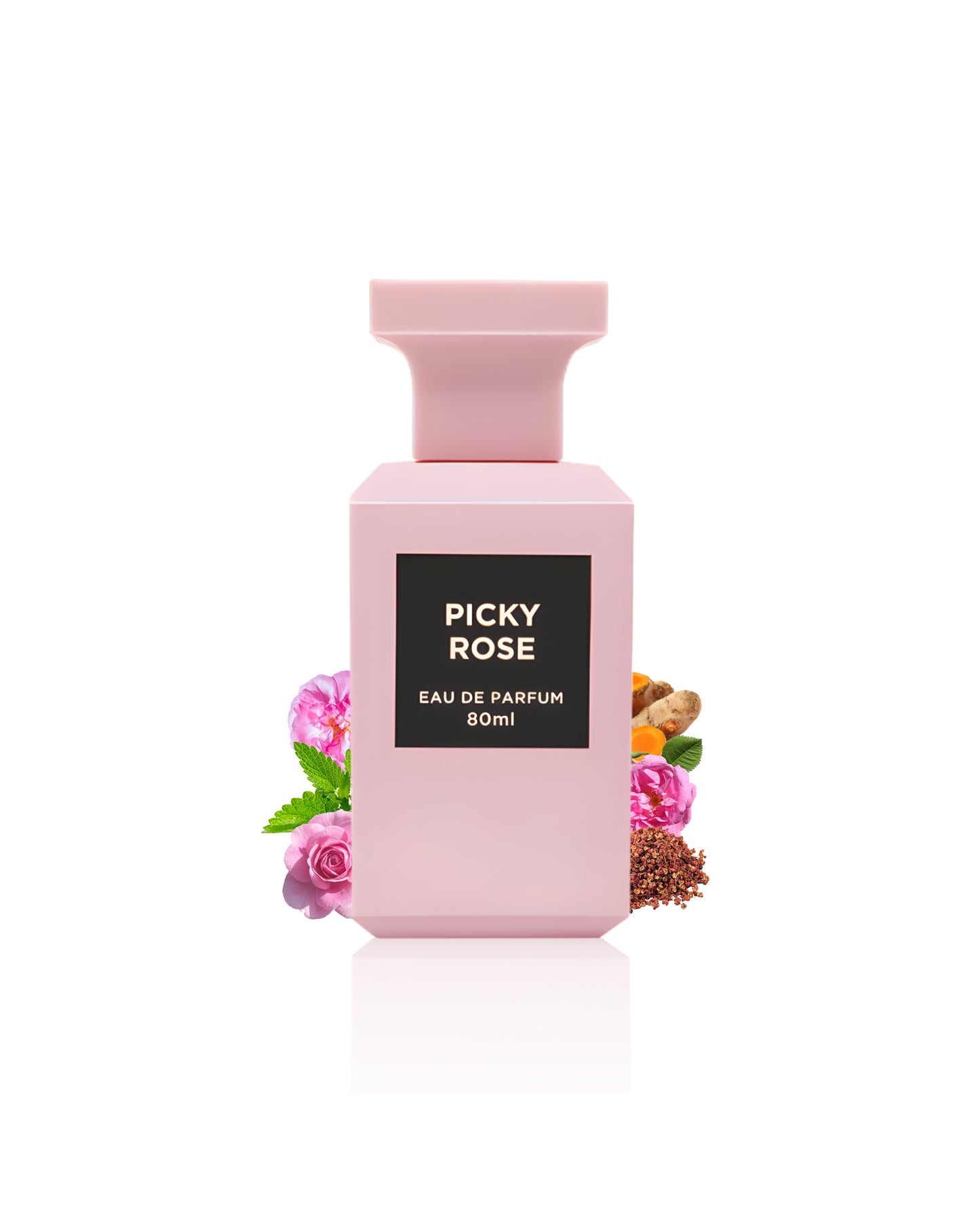 PICKY ROSE by fragrance worl perfume bottle surrounded with its ingredients like roses and ginger with many others shows from behind the bottle against white background