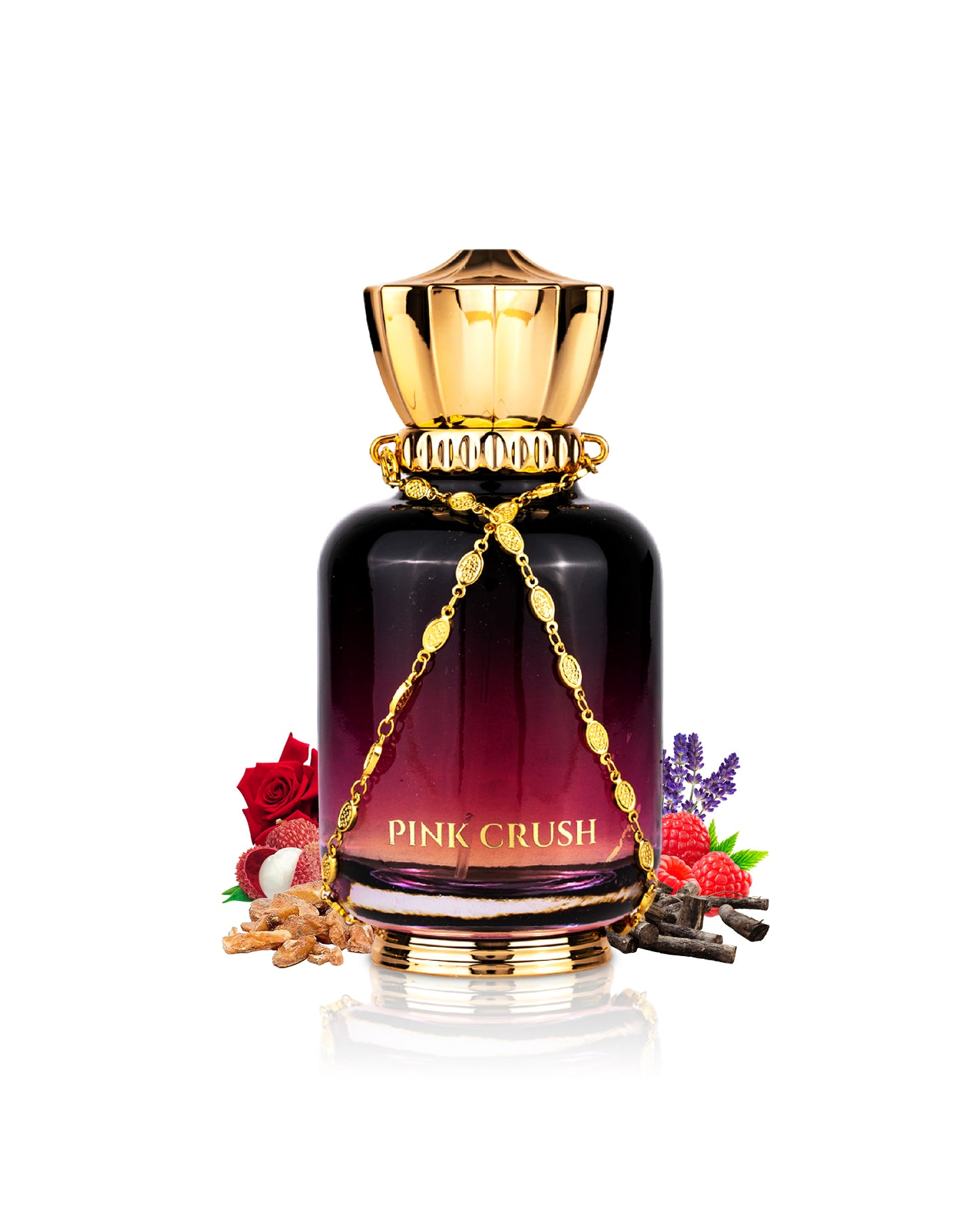 MAISON ASRAR Perfume bottle labeled 'Pink Crush' with gold cap and chain, surrounded by flowers on a white background