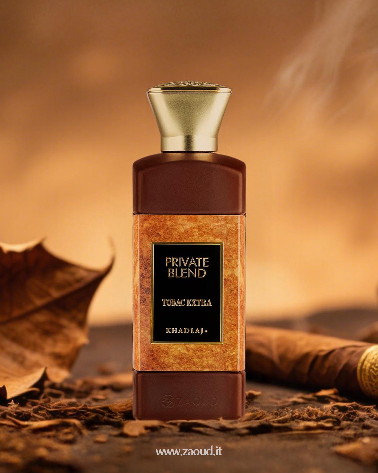 Khadlaj Private Blend Tobac Extra perfume bottle with rich tobacco scent, set against a warm, smoky background with autumn leaves and a cigar, highlighting its luxurious Arabian fragrance.